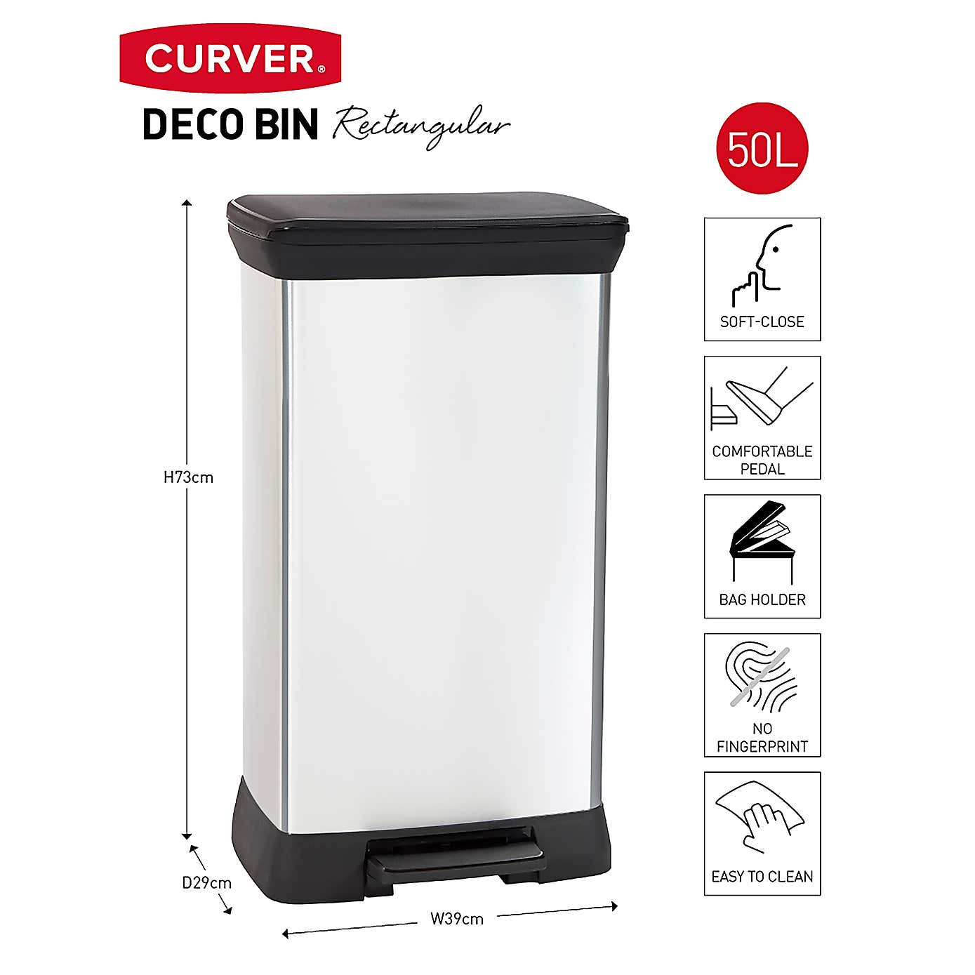 Curver 50 Litre Silver Deco Bin