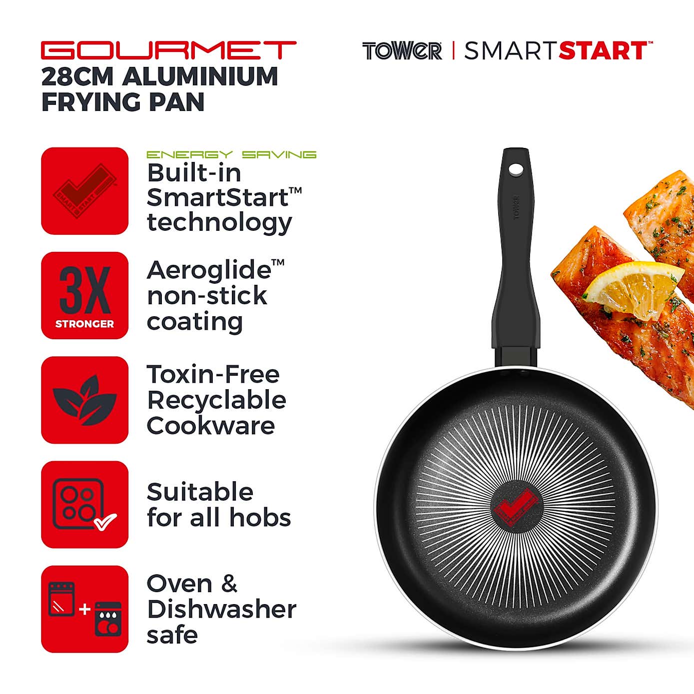 Tower Smart Start Gourmet Non-Stick Aluminium Frying Pan, 28cm