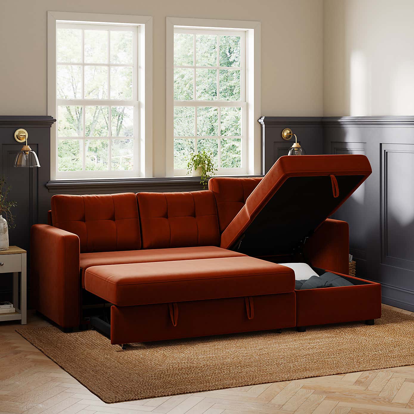 Barker Velvet Trundle Corner Chaise Sofa Bed