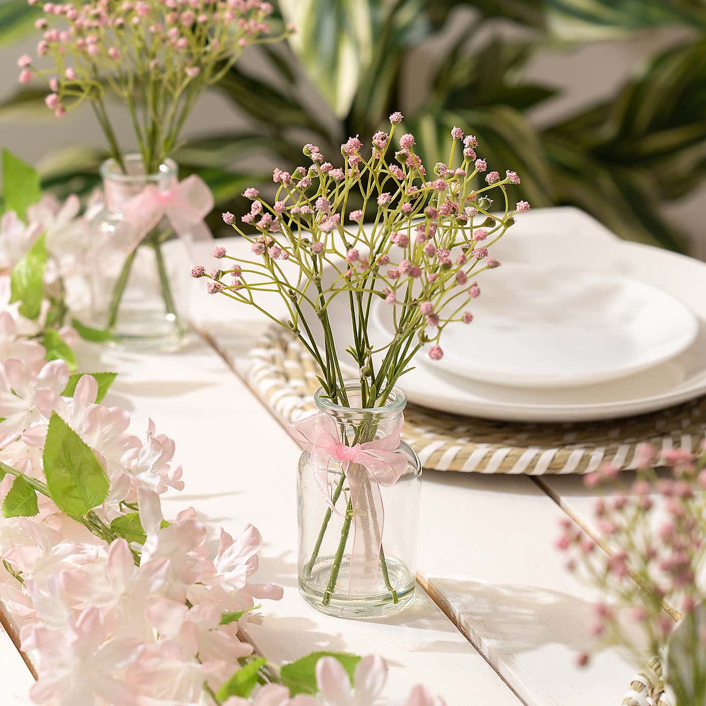 Set of 3 Artificial Gypsophila Bundles in Glass Bottle Vases