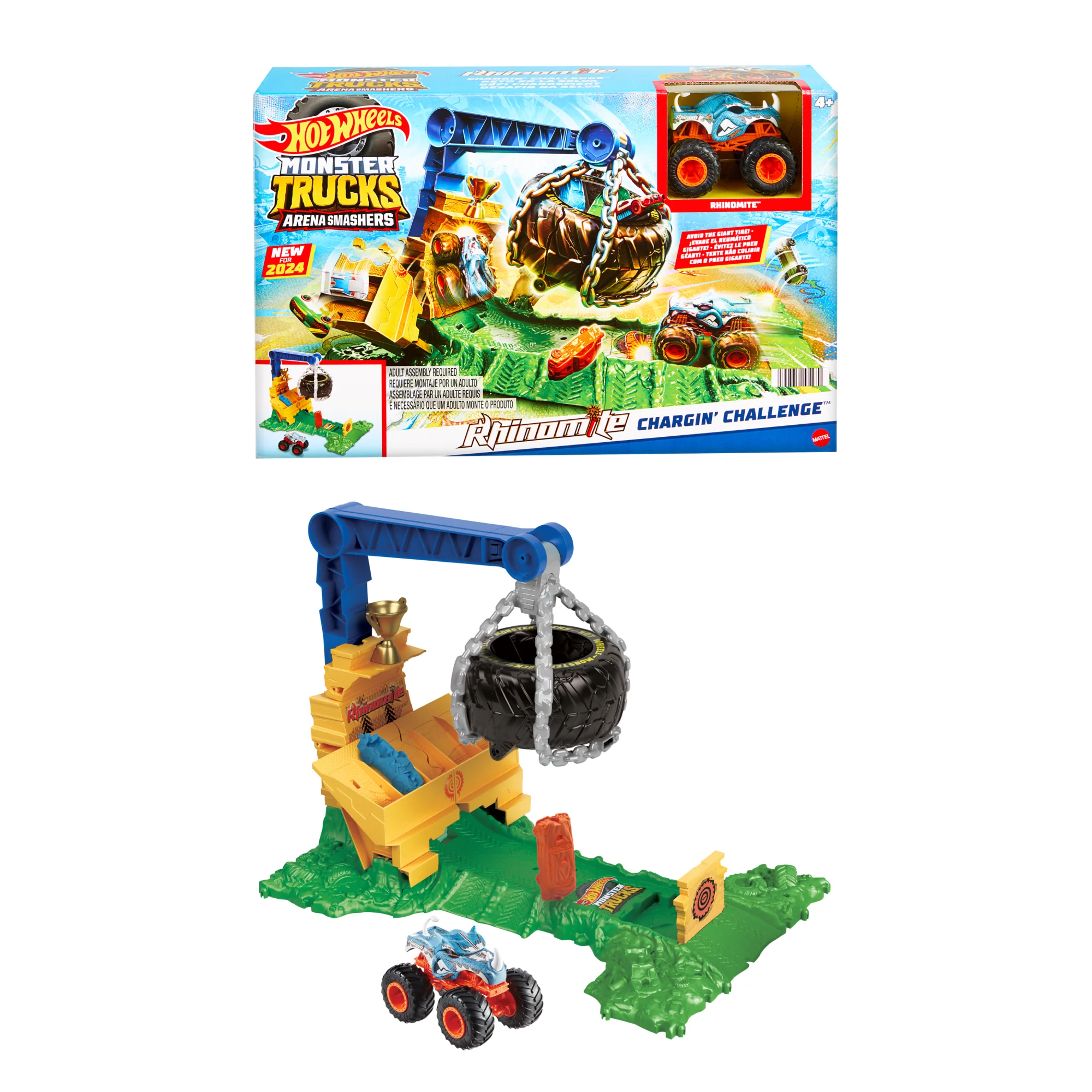 Hot Wheels Monster Trucks Rhinomite Chargin�� Challenge Playset With 1 Toy Truck & 2 Crushed Cars