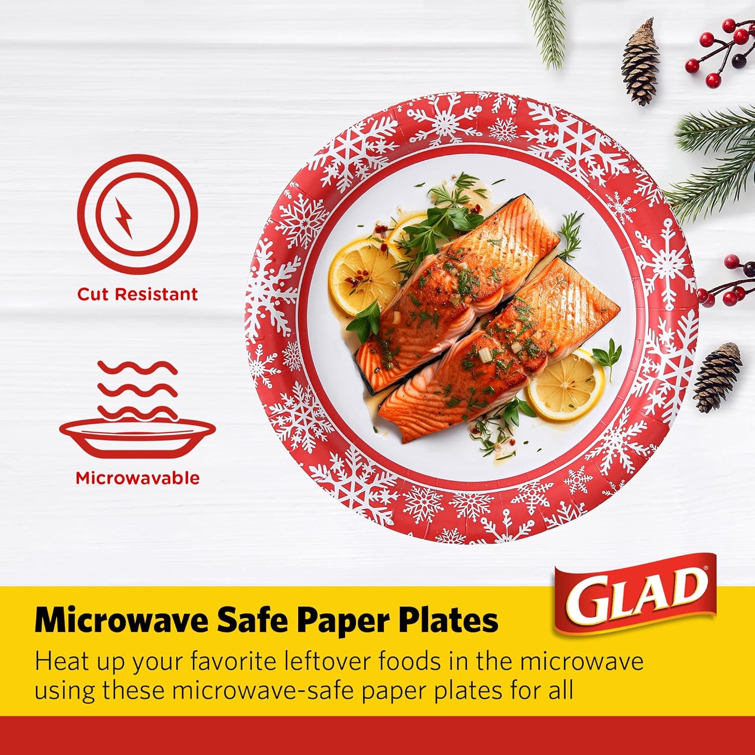 Glad Disposable Holiday Paper Plates, 10 Inch, 20 Count - Red Snowflake Design, Heavy Duty and Microwavable