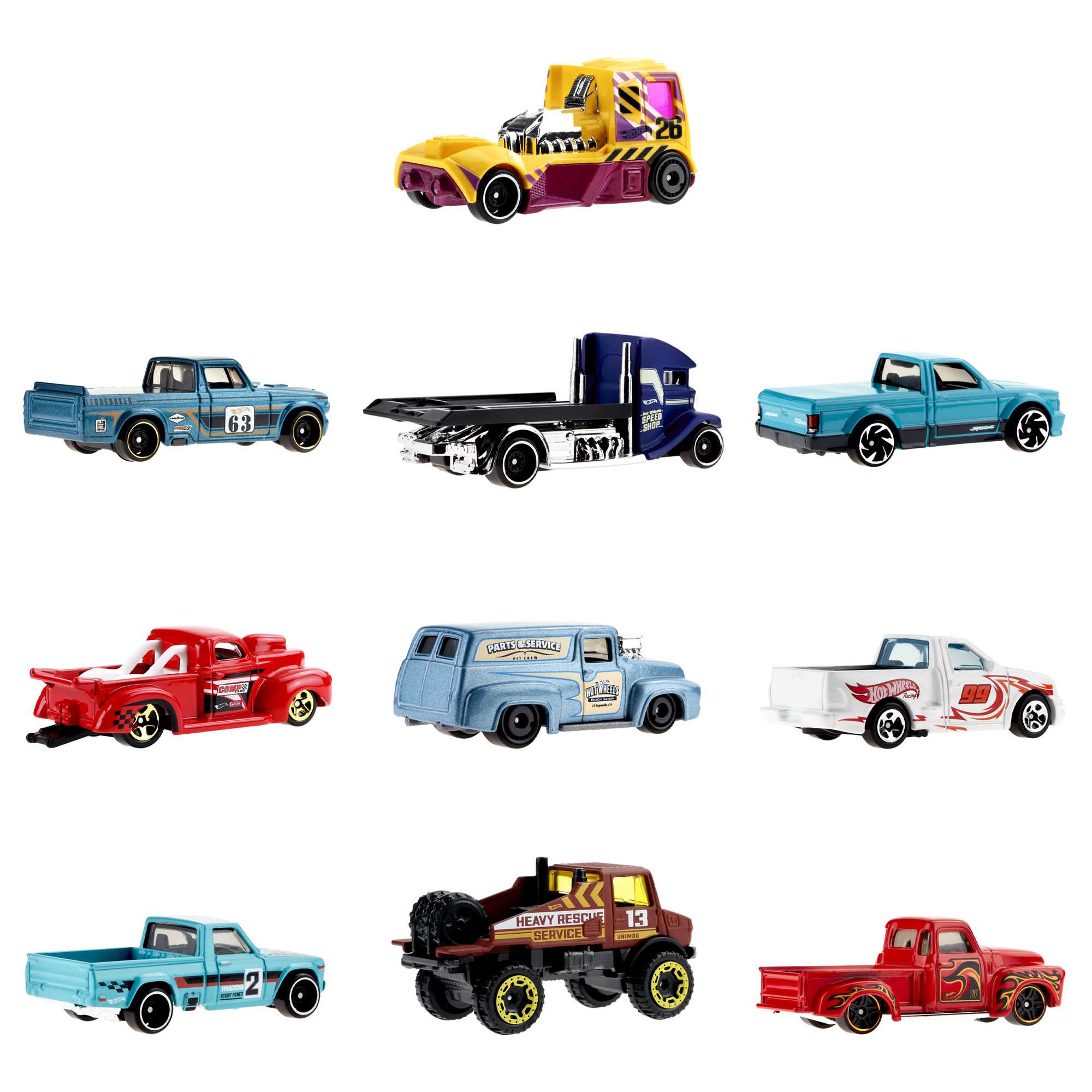 Hot Wheels Trucks 10-Pack Of Toy Semis, Construction, Pickup Trucks & More