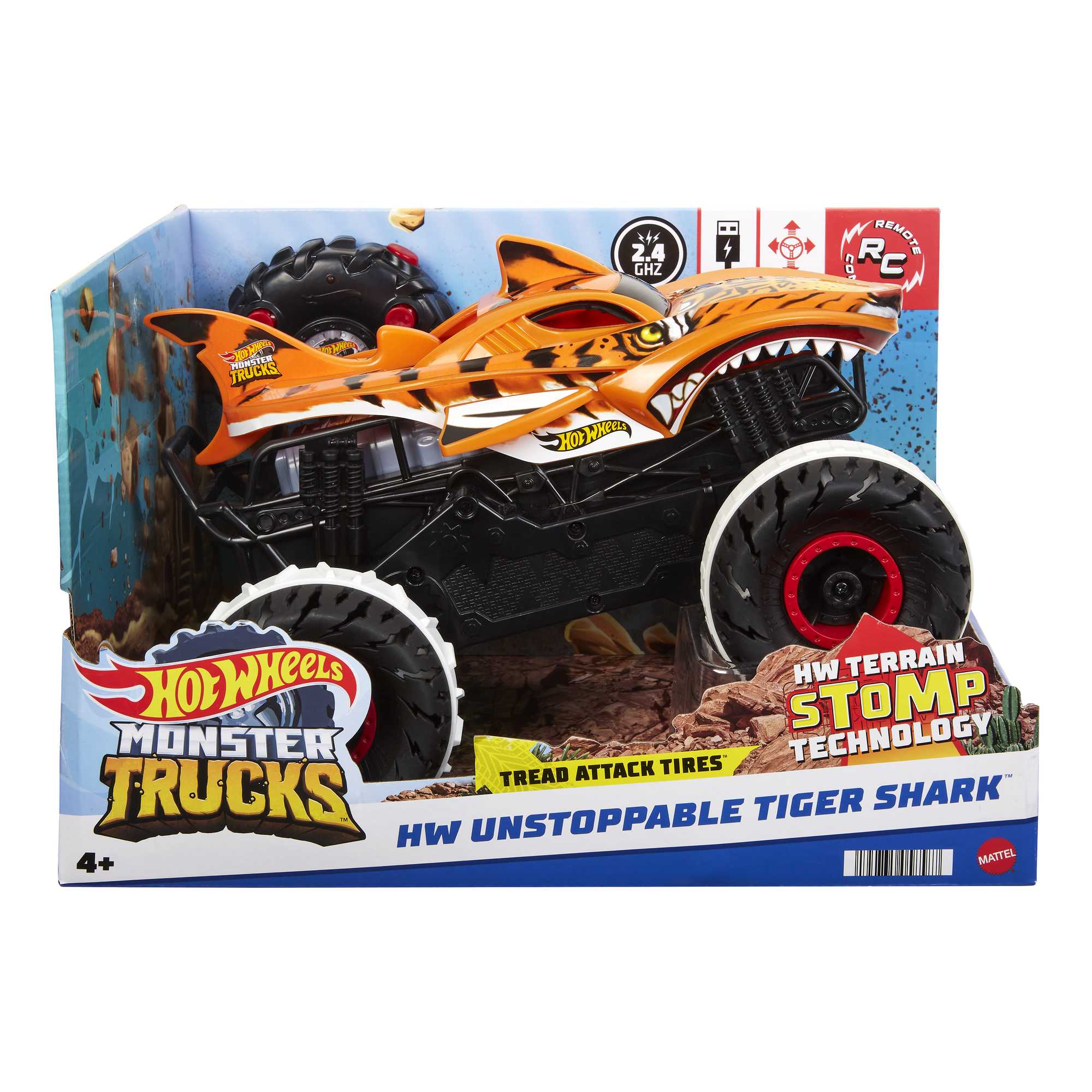 Hot Wheels Monster Trucks, Remote Control Car, 1:15 Scale Tiger Shark RC With All-Terrain Wheels