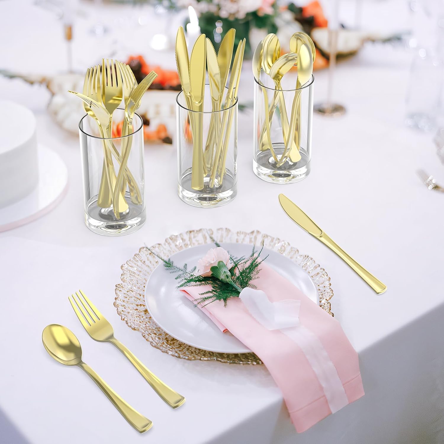 200 Count Heavy Duty Gold Plastic Silverware, 100 Forks, 50 Spoons, 50 Knives, BPA-Free, Heat Resistant, Disposable Gold Plastic Utensils Set, Gold Plastic Cutlery Set, Plasticware Bulk