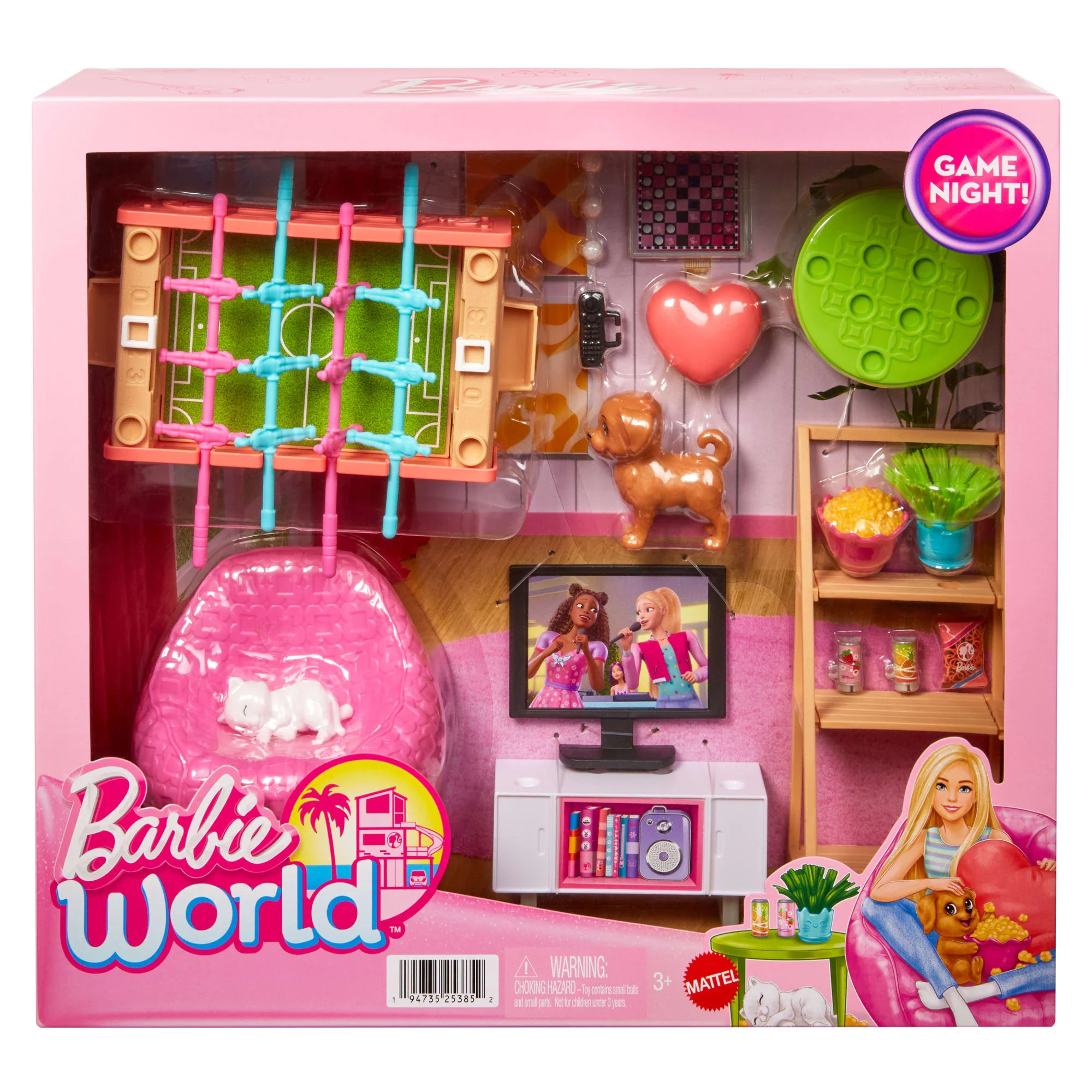 Barbie World Game Room Set With 19 Dollhouse Accessories Including Furniture, Foosball Table & Pets