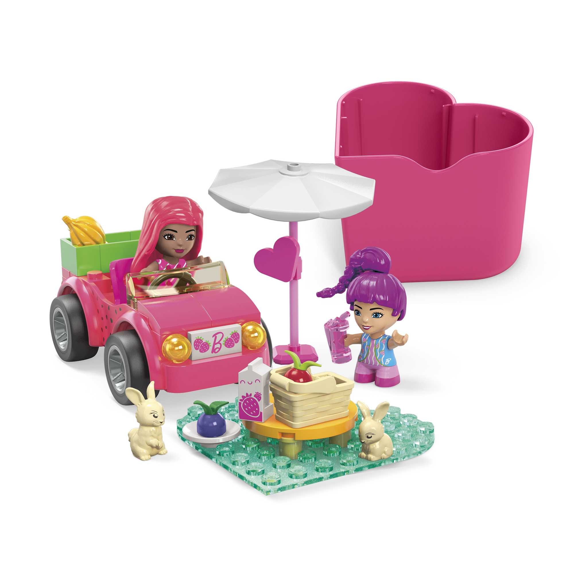 MEGA Barbie Color Reveal Convertible Road Trip Building Toy Car With 2 Dolls (66 Pieces)