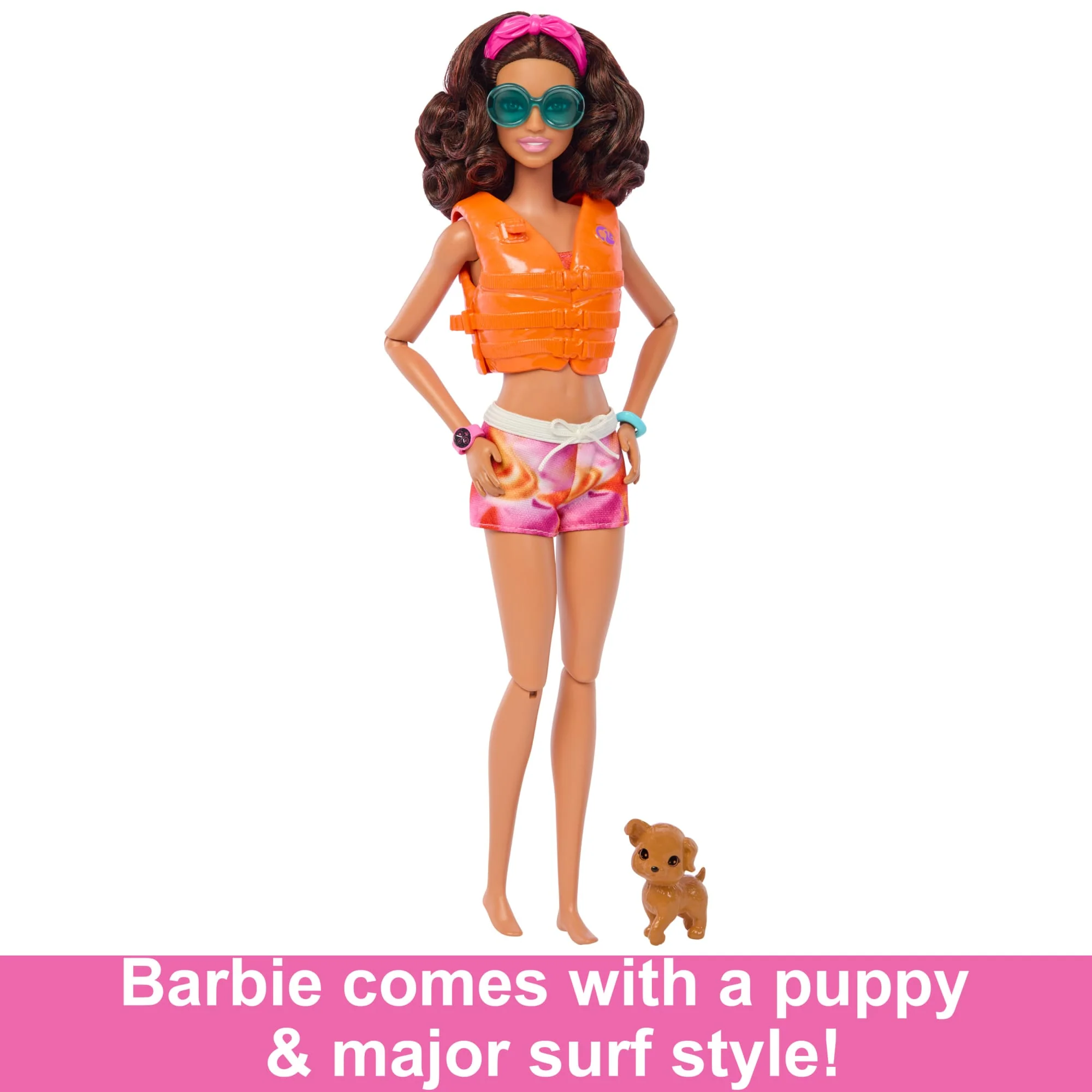 Barbie Doll With Surfboard And Puppy, Poseable Brunette Barbie Beach Doll