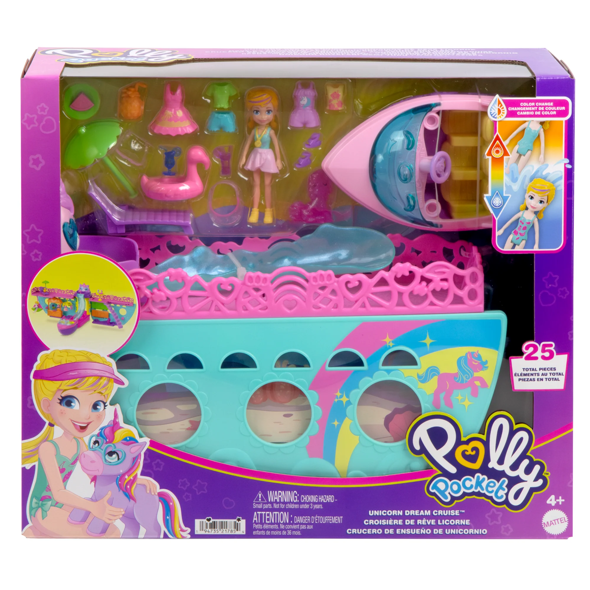 Polly Pocket Unicorn Dream Cruise Playset, Portable Boat With 1 Doll, Water Play And Color Change Accessories, 23 Total Pieces