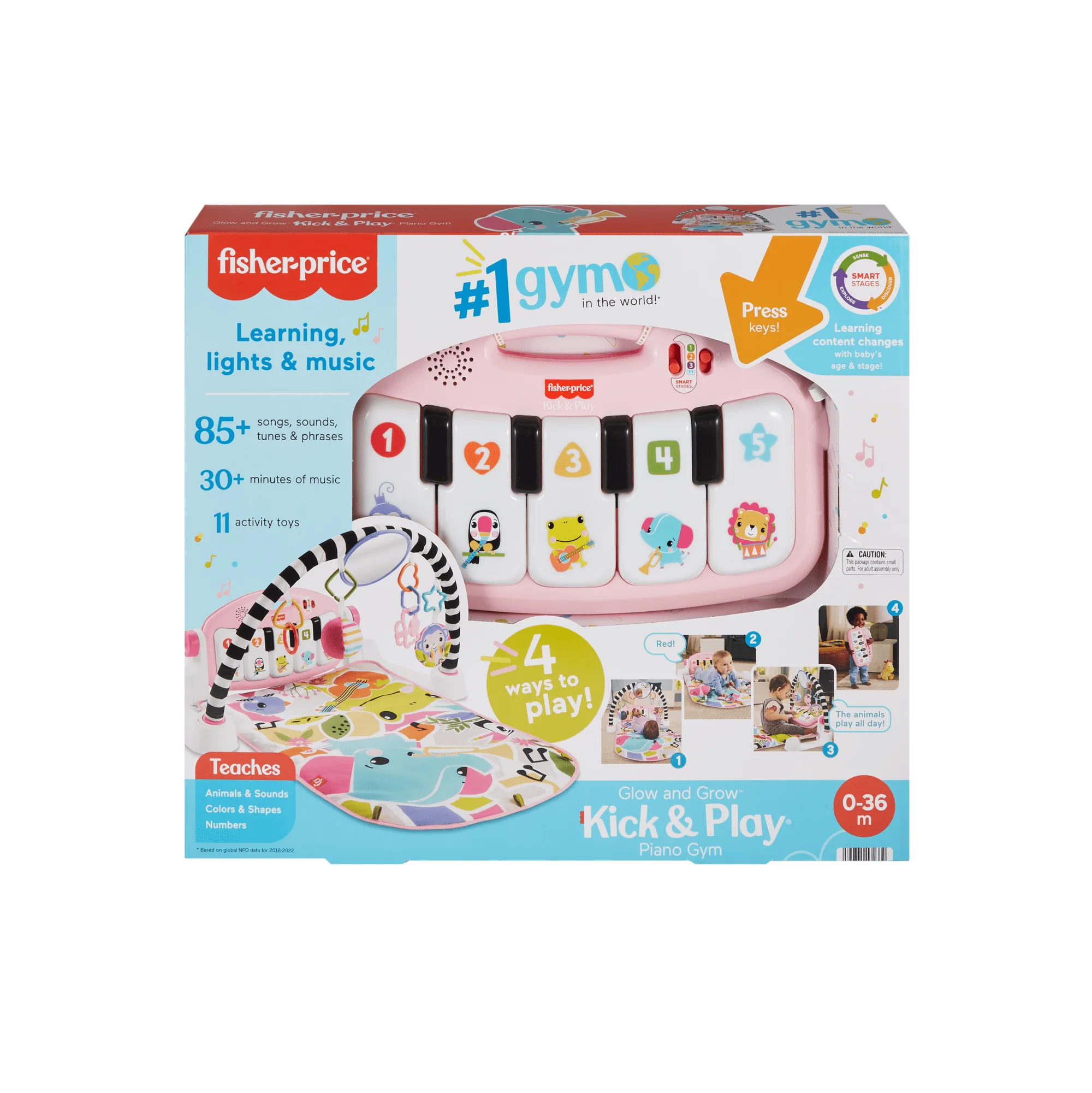 Fisher-Price Glow And Grow Kick & Play Piano Gym Baby Playmat With Musical Learning Toy, Pink