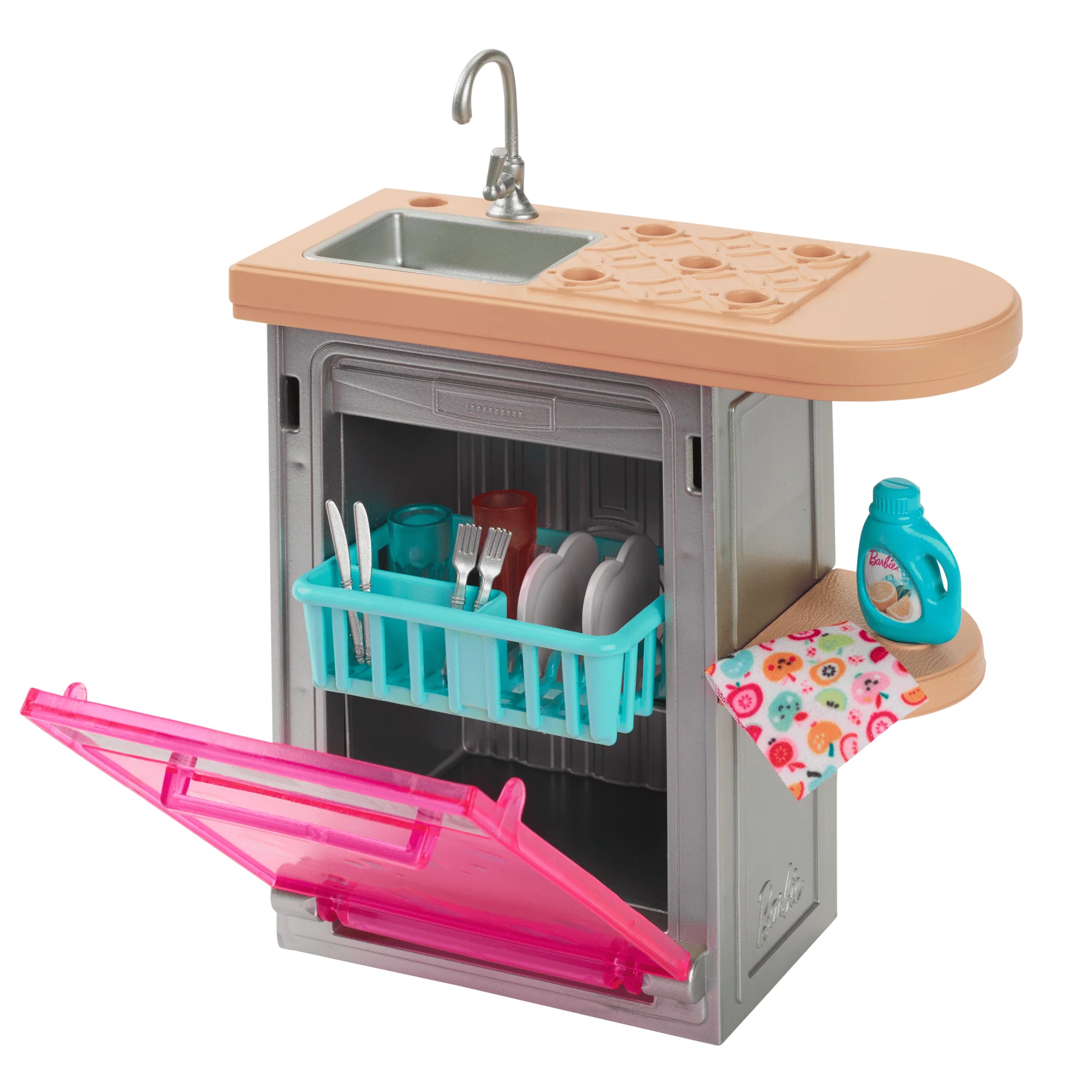 Barbie World Toy Dishwasher Set With 9 Dollhouse Kitchen Accessories Including Plates, Drying Rack, & More
