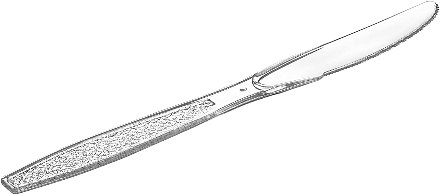 Comfy Package [100 Pack Clear Plastic Knives Heavy Duty with Engraved Design - Plastic Knives Disposable, Sturdy Plastic Silverware for Parties, Weddings, and Events