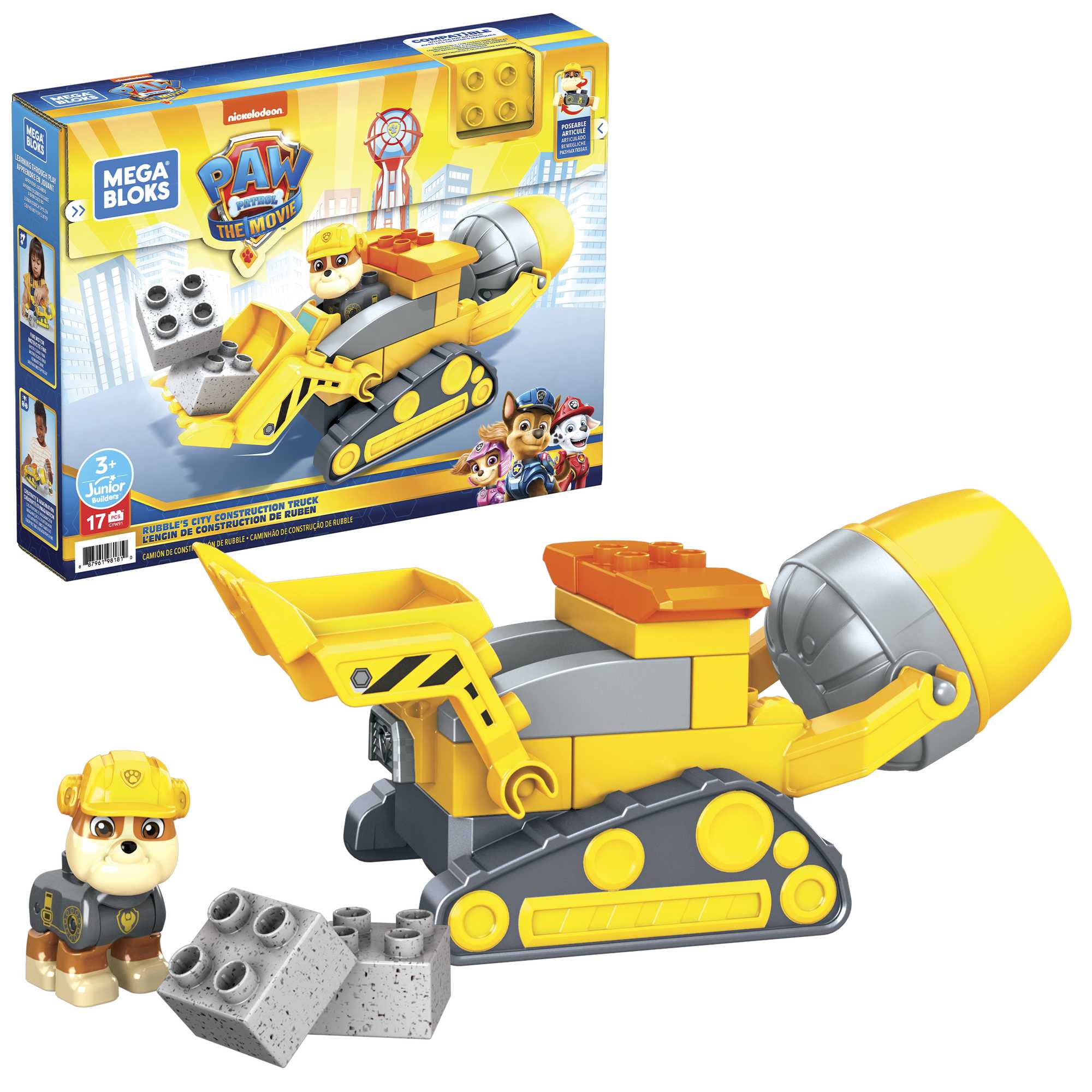 MEGA Bloks Paw Patrol Rubble's City Construction Truck For Toddlers, 17 Pieces