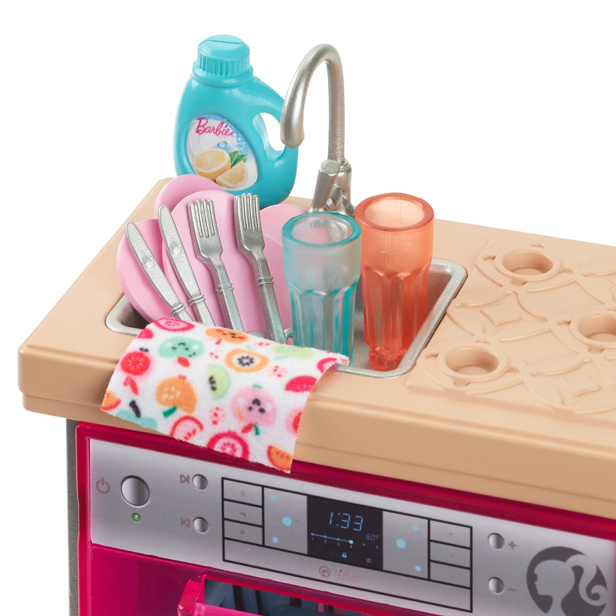Barbie World Toy Dishwasher Set With 9 Dollhouse Kitchen Accessories Including Plates, Drying Rack, & More