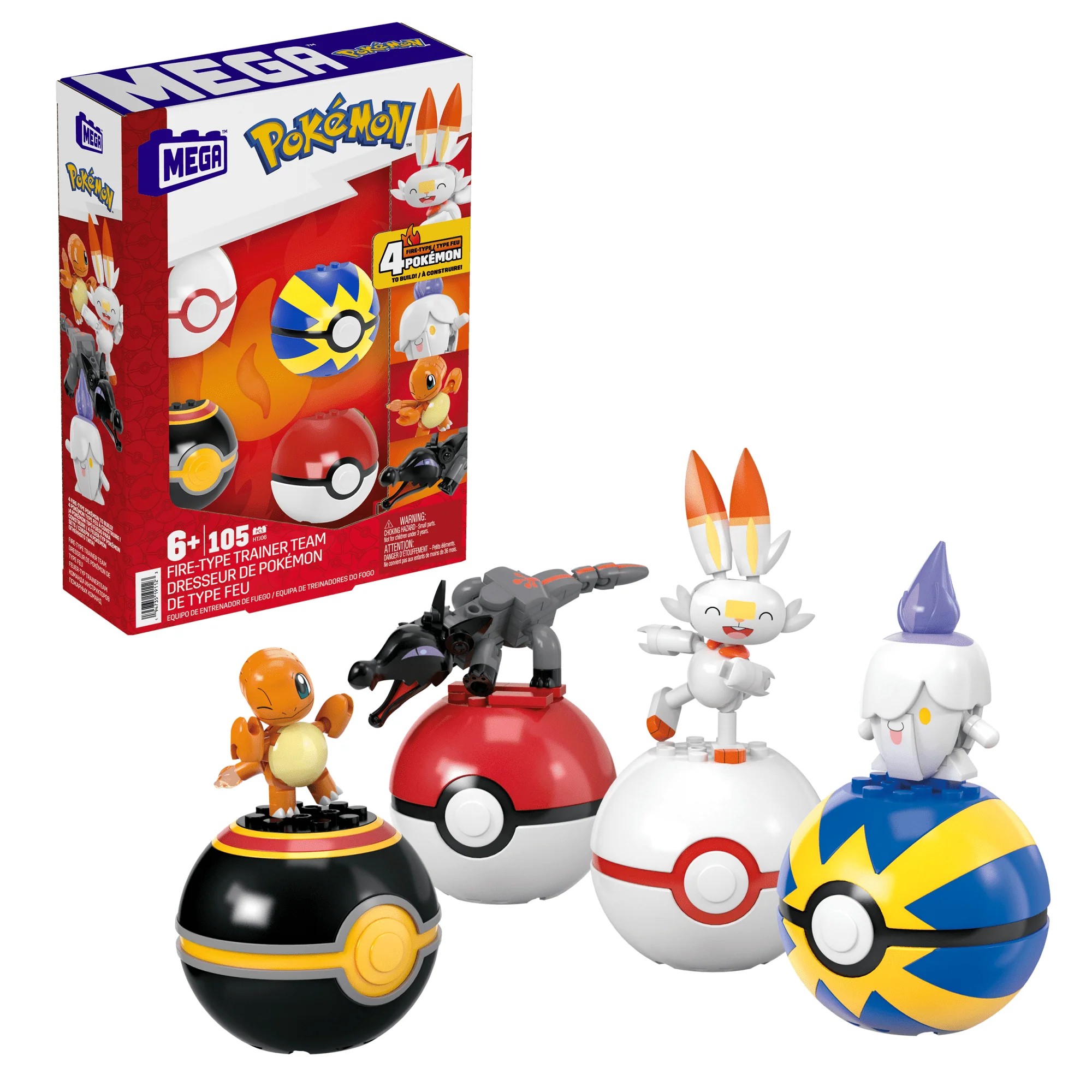 MEGA Pok��mon Fire-Type Team Building Toy Kit, 4 Action Figures (105 Pieces) For Kids