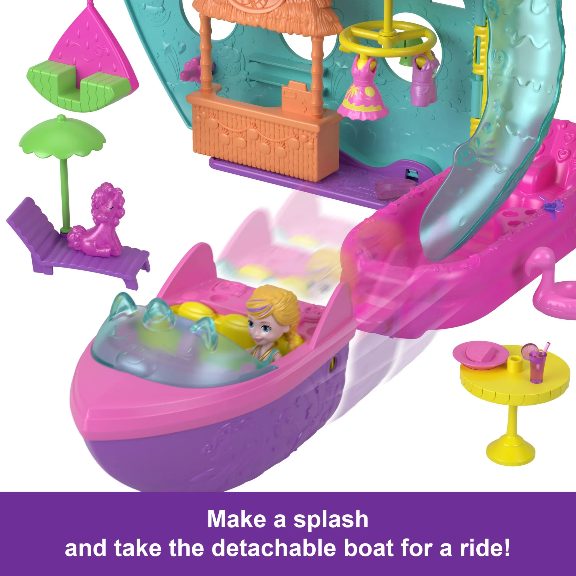 Polly Pocket Unicorn Dream Cruise Playset, Portable Boat With 1 Doll, Water Play And Color Change Accessories, 23 Total Pieces