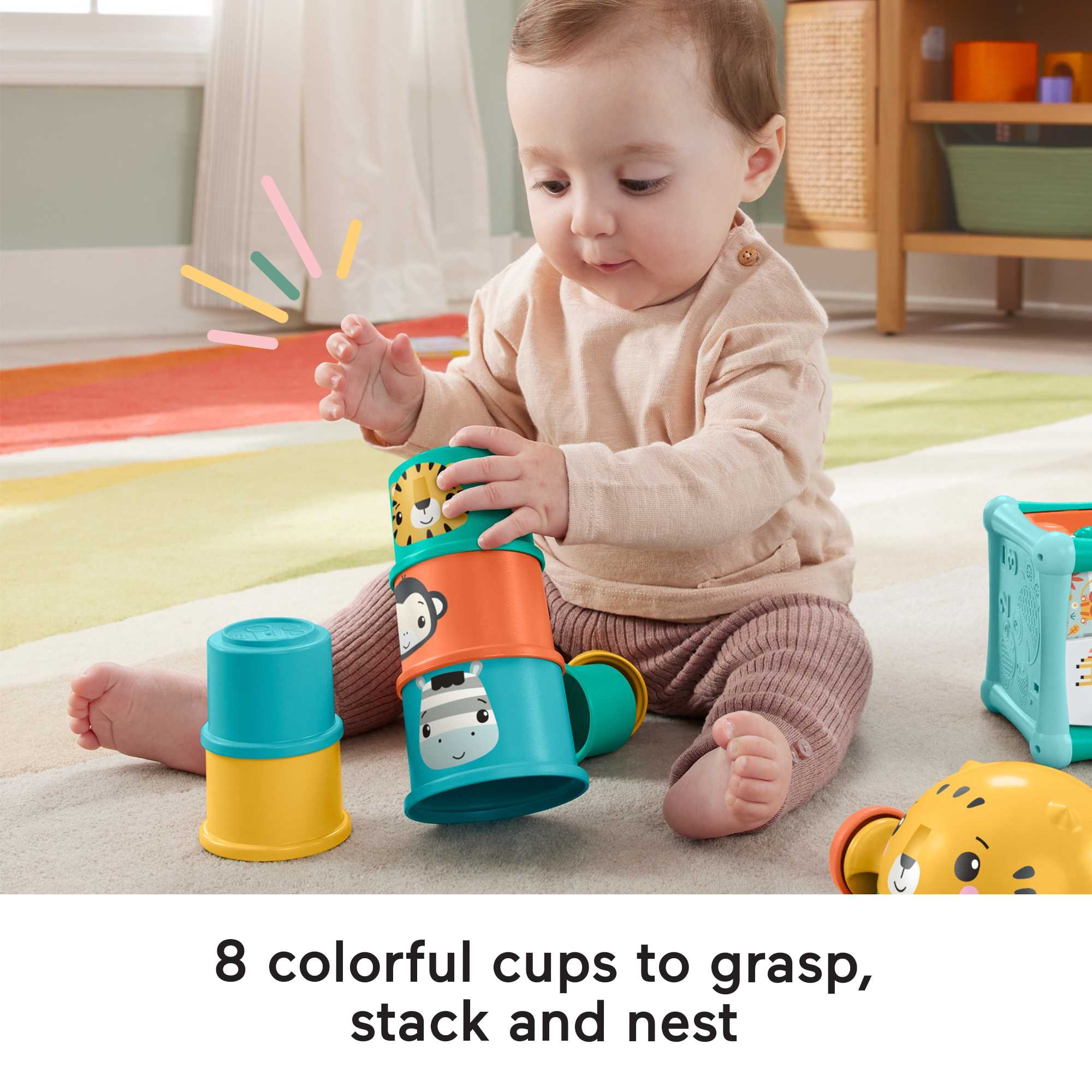 Fisher-Price Baby Toys Set With Fine Motor Toy, Stacking Cups & Push Car, Sit & Crawl Gift Set
