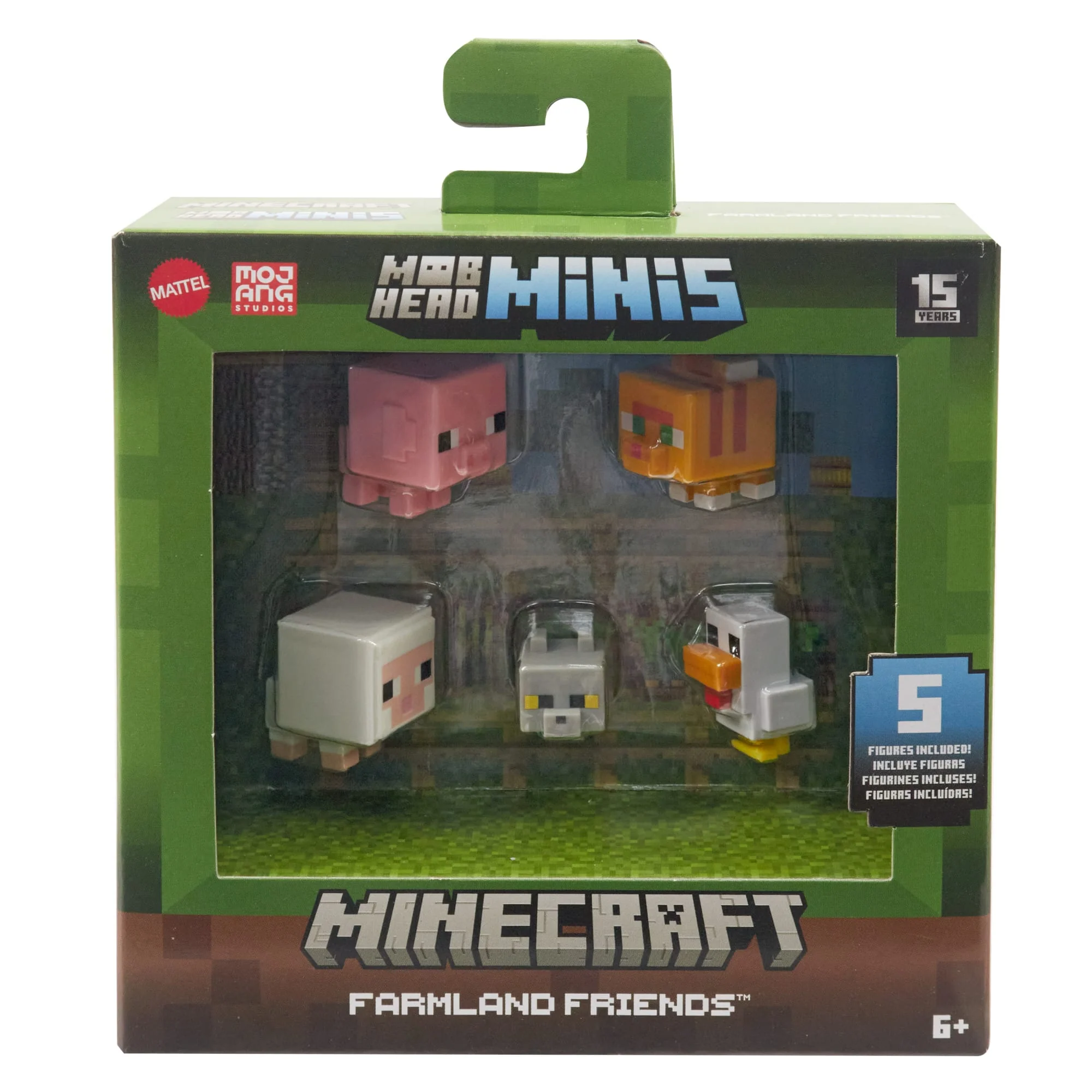 Minecraft Mini Action Figures 5-Pack, Mob Head Minis Farmland Friends Toy Set With Pixelated Design
