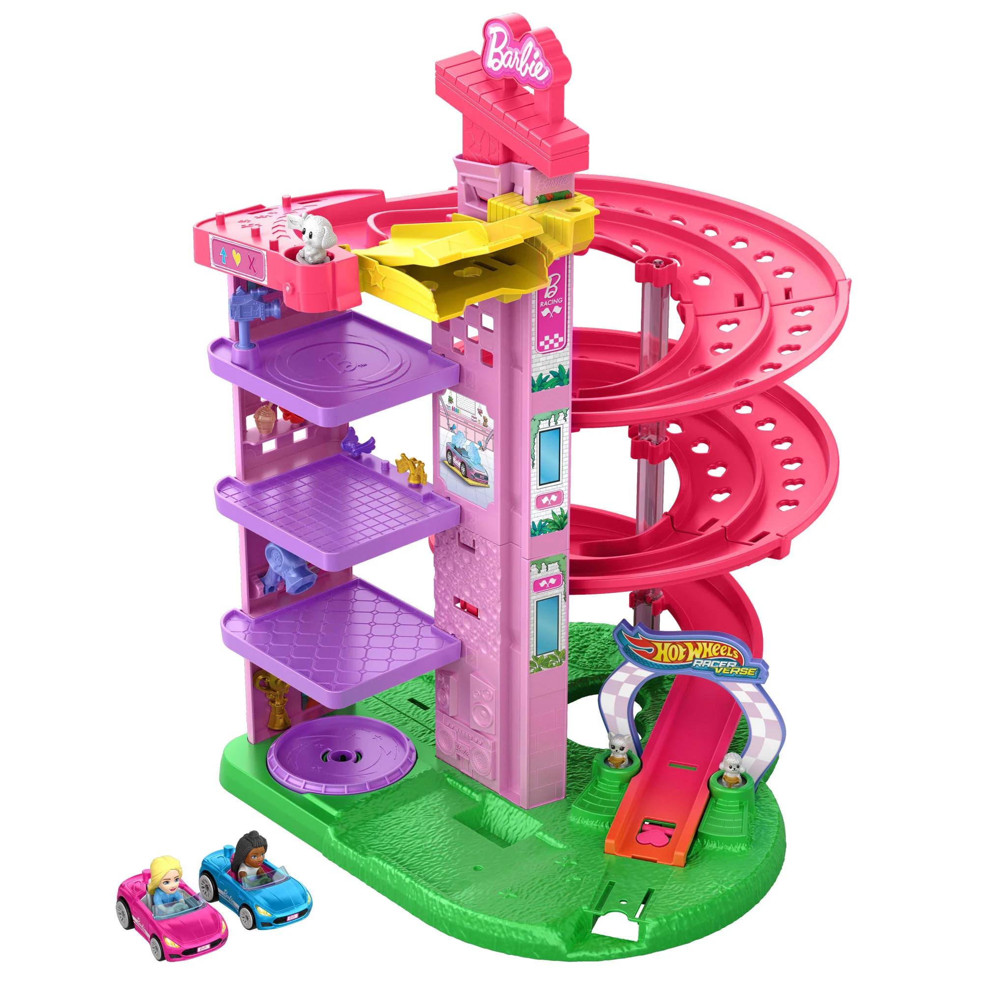 Hot Wheels Racerverse Barbie Spiral Race Track Set With Barbie ��Malibu�� & Barbie ��Brooklyn�� Toy Cars