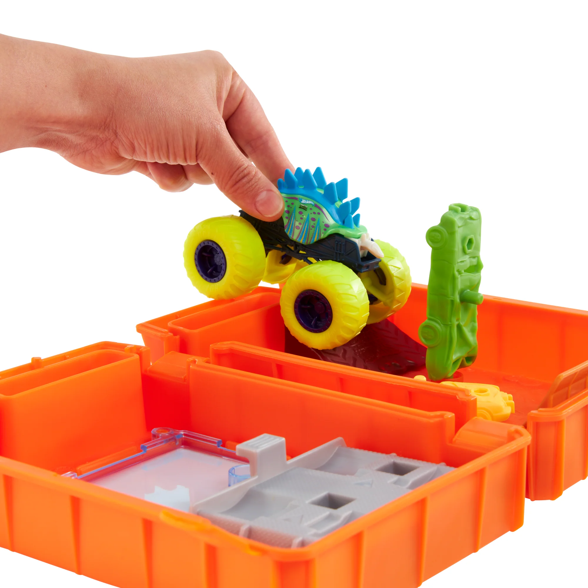 Hot Wheels Monster Trucks Fuel N�� Go Playset With 1:64 Scale Motosaurus Toy Truck & 2 Crushed Cars