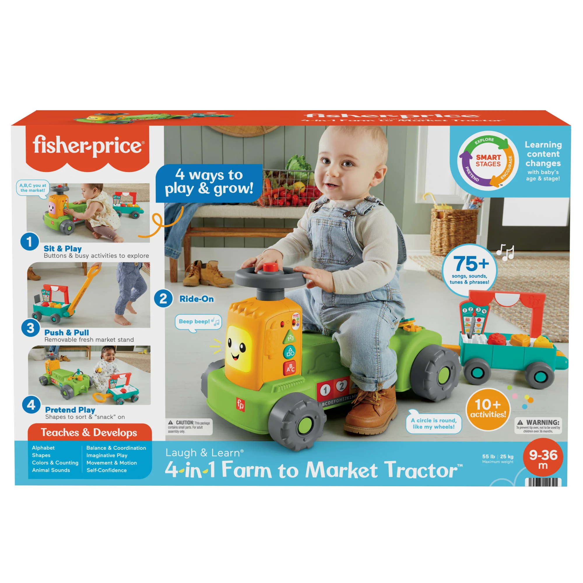 Fisher-Price Laugh & Learn 4-In-1 Farm To Market Tractor Ride-On Learning Toy For Baby & Toddlers