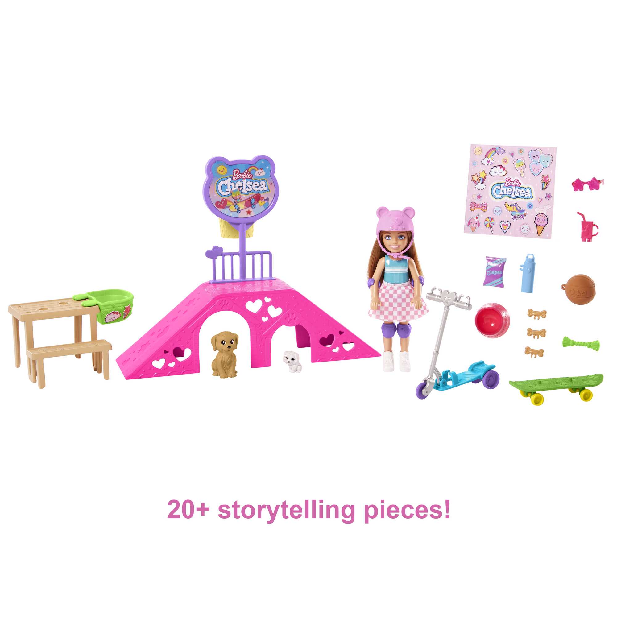 Barbie Toys, Chelsea Doll And Accessories, Skatepark Playset With 2 Puppies And 15+ Pieces