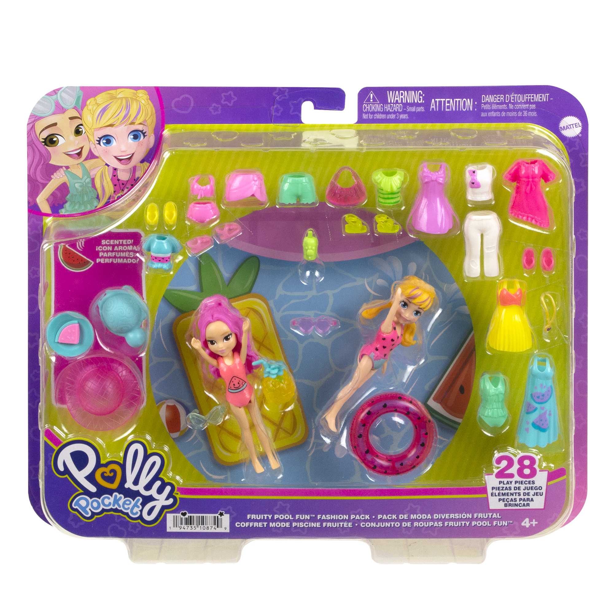 Polly Pocket 2 Dolls And 25 Accessories, Watermelon-Scented Fruity Pool Fun Fashion Pack