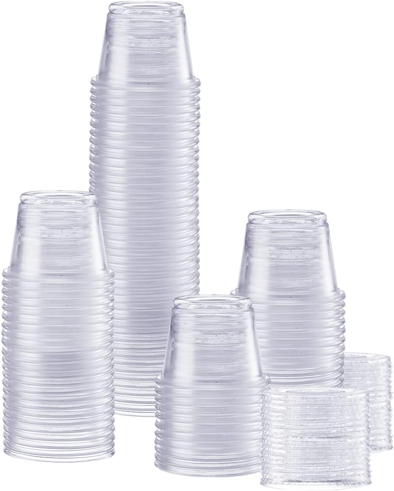 Comfy Package [2 oz. - 100 Count Clear Disposable Plastic Portion Cups with Lids - Soufflé Cups, Jello Shot Cups With Lids, Clear Plastic Containers Perfect for salad Dressing and More