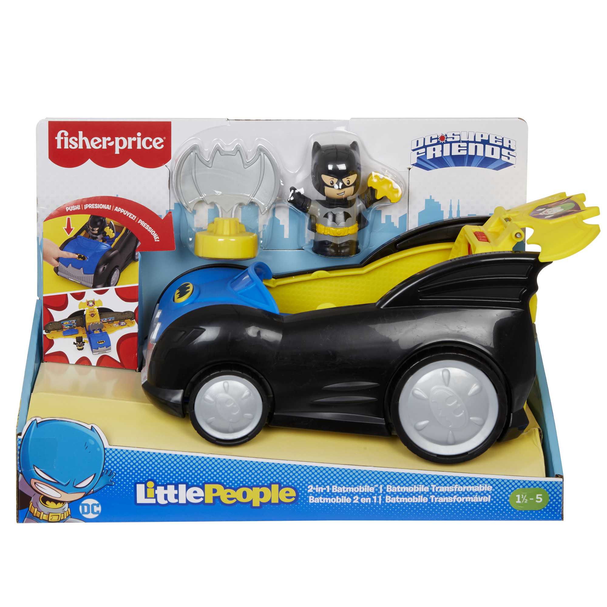 Fisher-Price Little People DC Super Friends 2-in-1 Batmobile Batman Playset For Toddlers