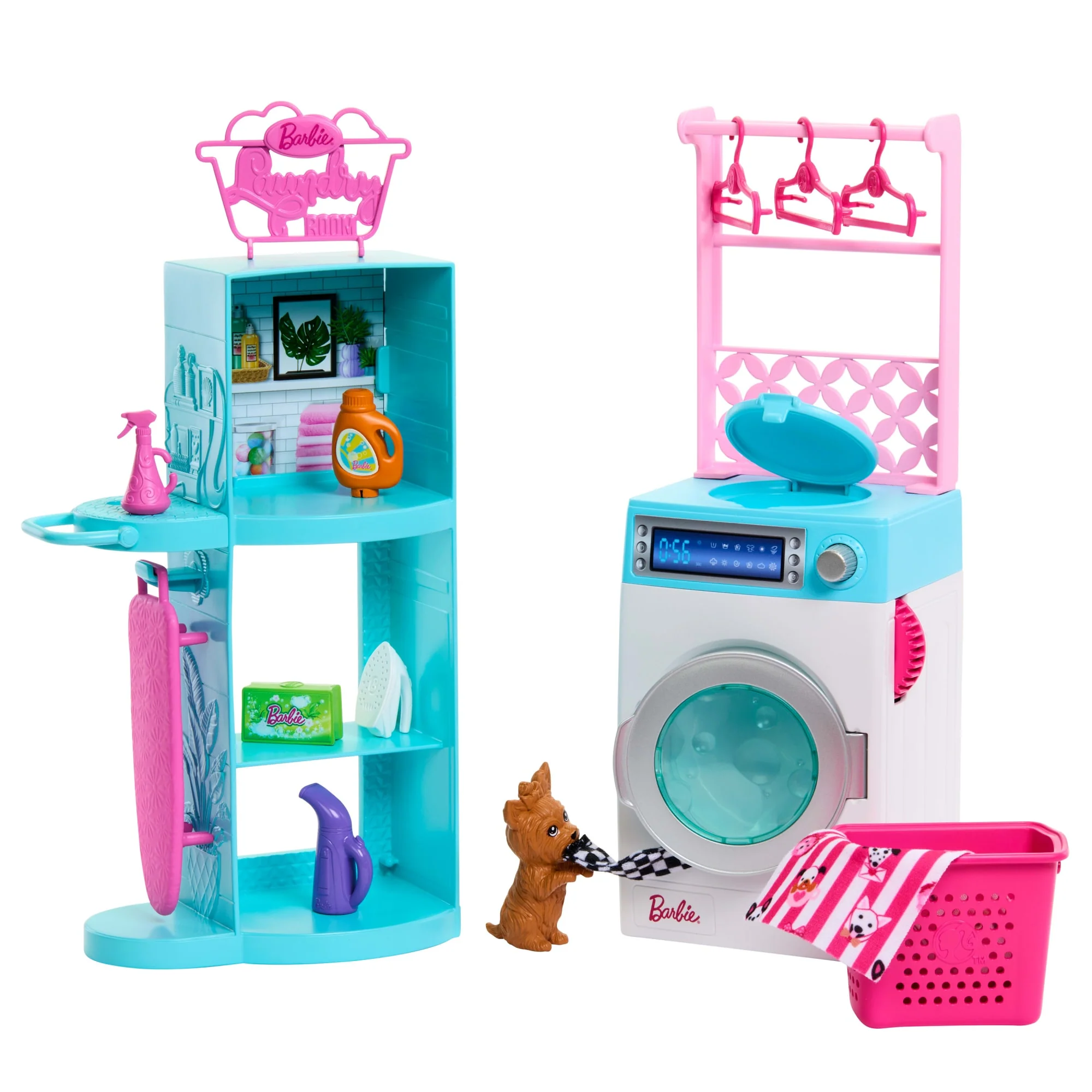 Barbie World Spinning Washer & Dryer Toy Playset With Laundry Accessories Like Hangers, Basket, & More
