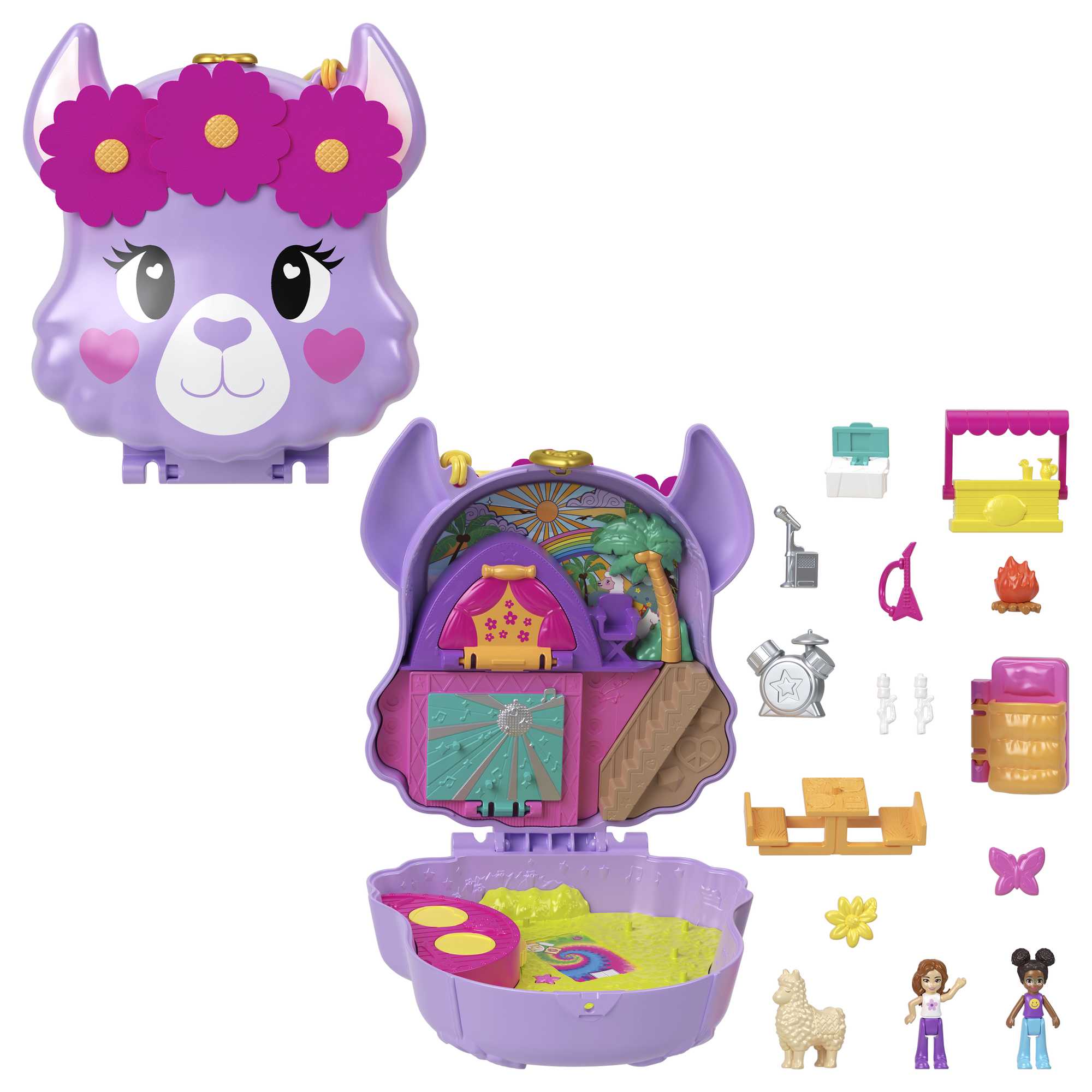 Polly Pocket Mini Toys, Camp Adventure Llama Compact Playset With 2 Dolls And Accessories
