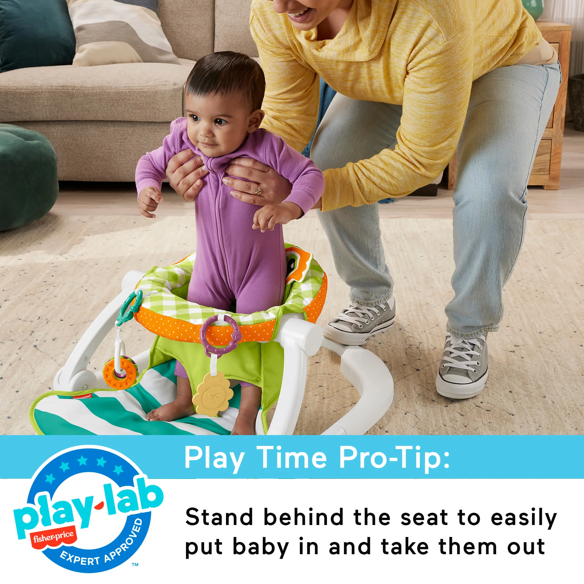 Fisher-Price Sit-Me-Up Portable Baby Seat With 2 Linkable Toys, Citrus Frog