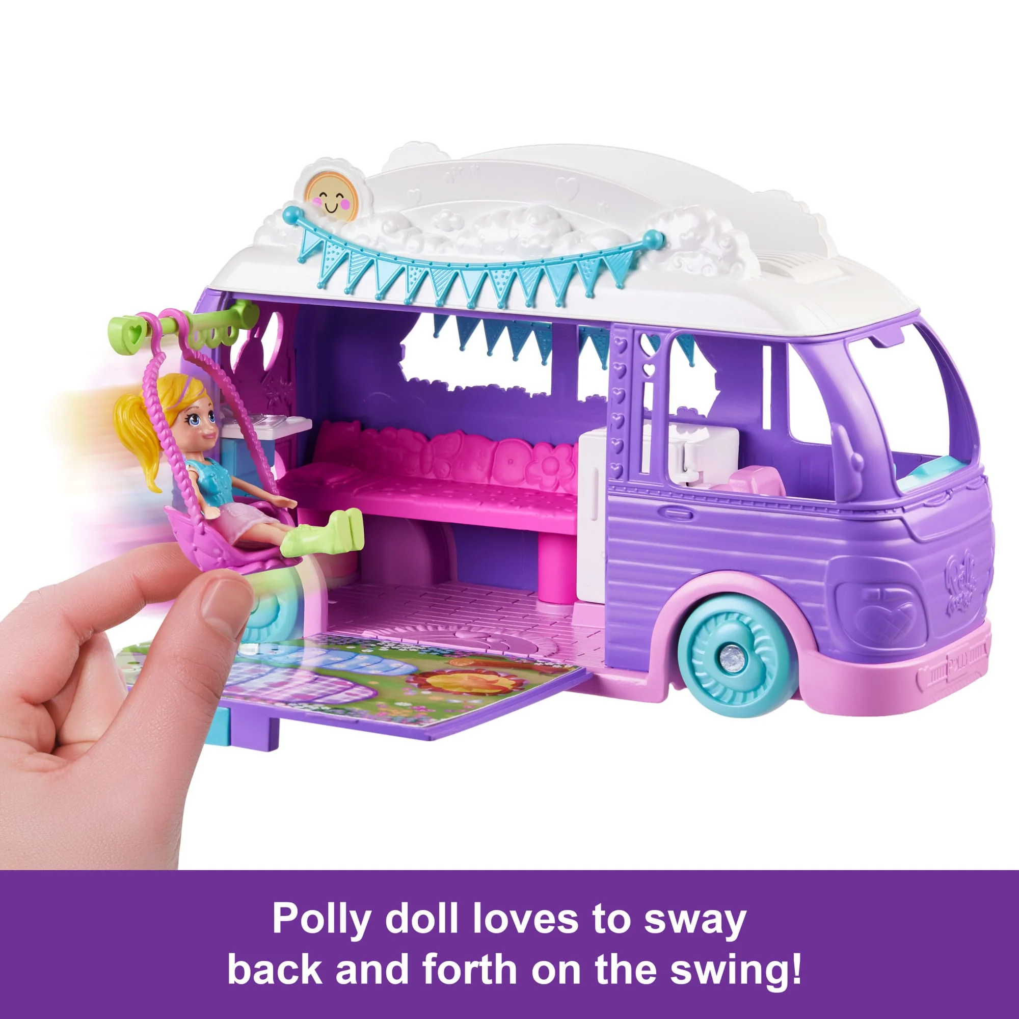 Polly Pocket Glamping Camper Van, Doll & Pet Playset, Camping & Food Accessories, Travel Toy