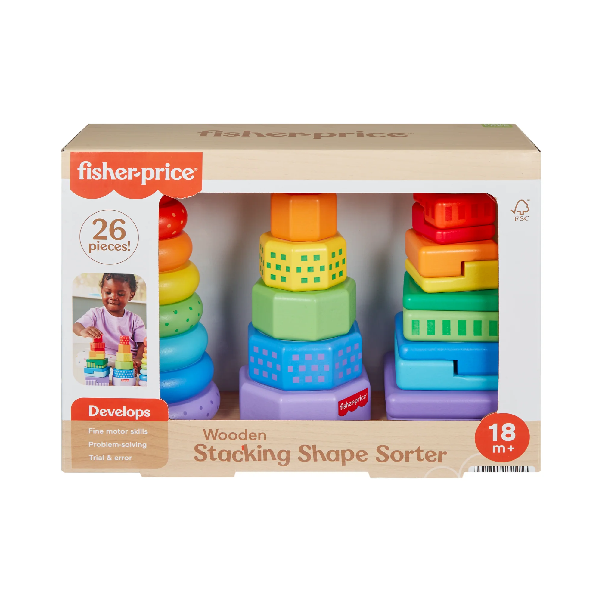 Fisher-Price Wooden Stacking Shape Sorter Toddler Fine Motor Toy, 26 Wood Pieces