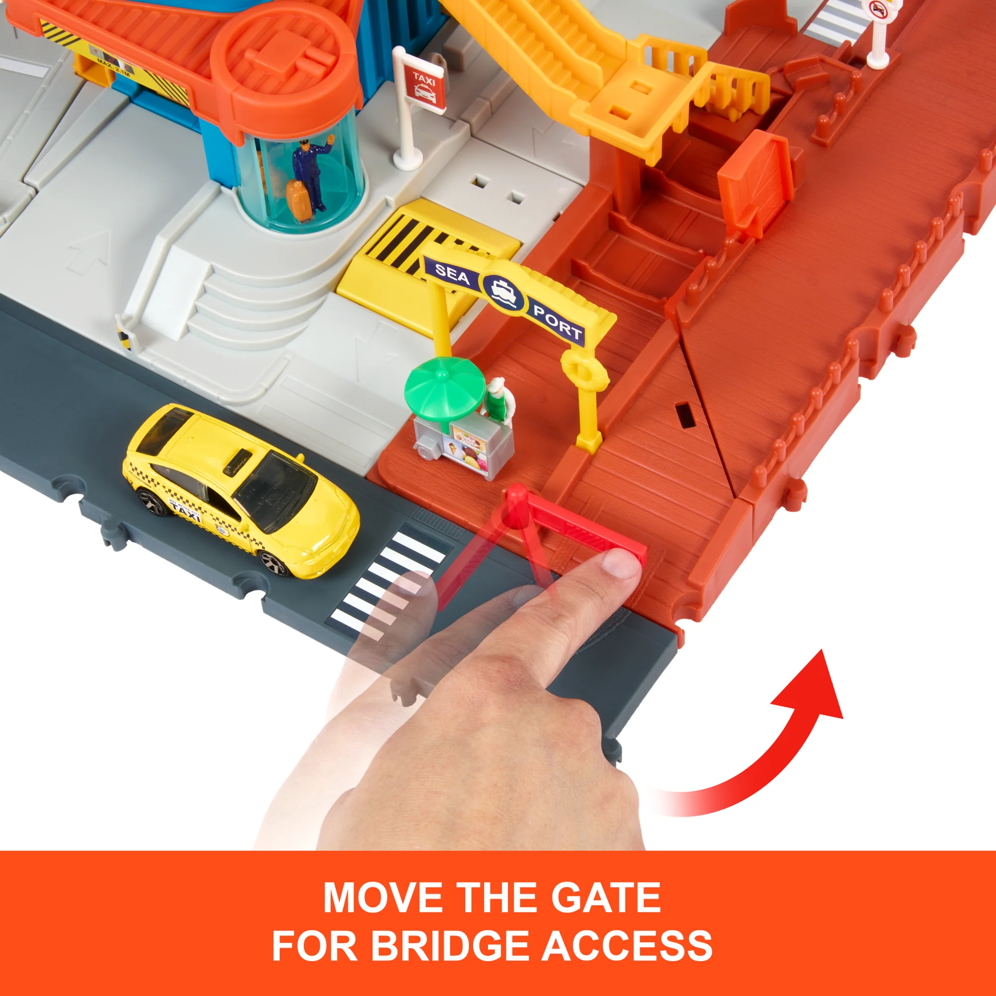 Matchbox Action Drivers Transportation Center With A 1:64 Scale Taxi, Boat & Helicopter Plus A Food Vendor Accessory (3 Vehicles, 1 Accessory)