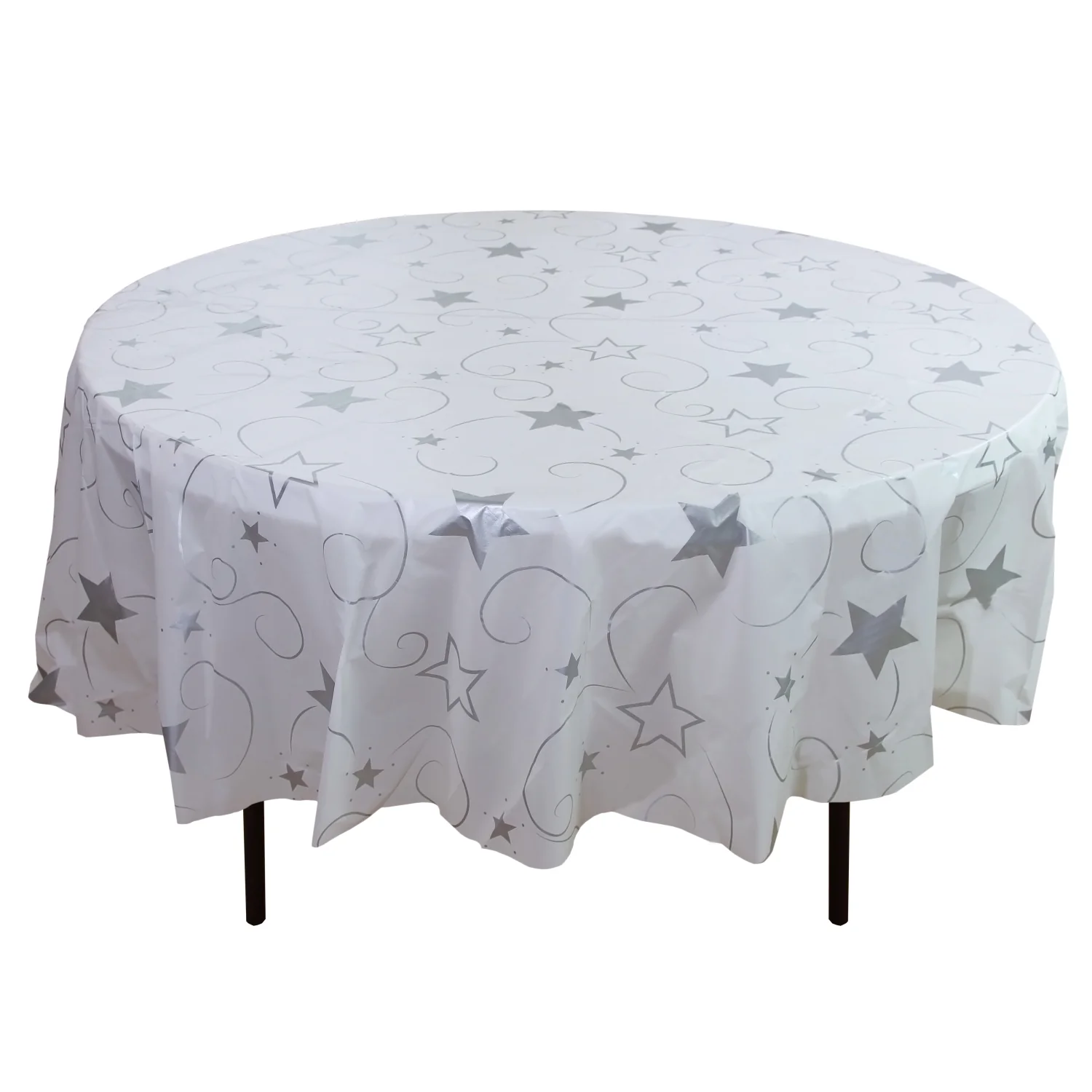 84 In. Round Silver Star Printed Table Cover