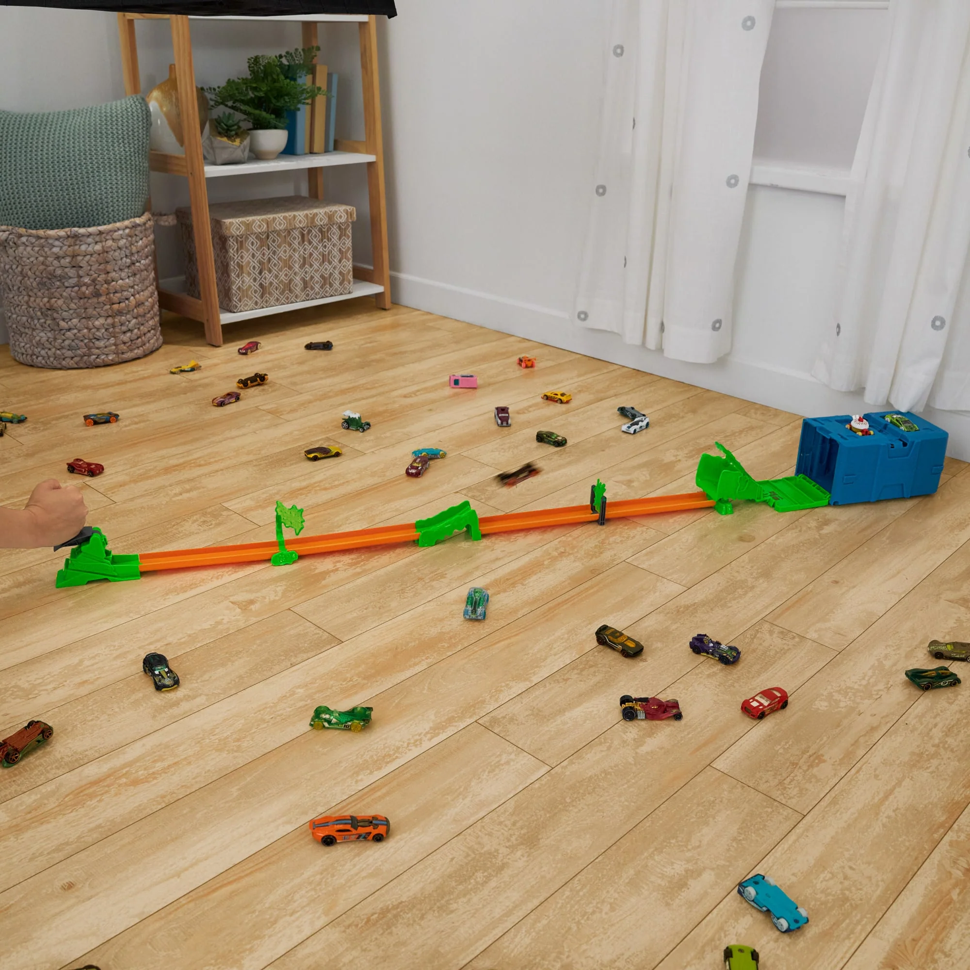 Hot Wheels Track Set And Toy Car, 10 Toxic-themed Track Building Pieces With Storage Box