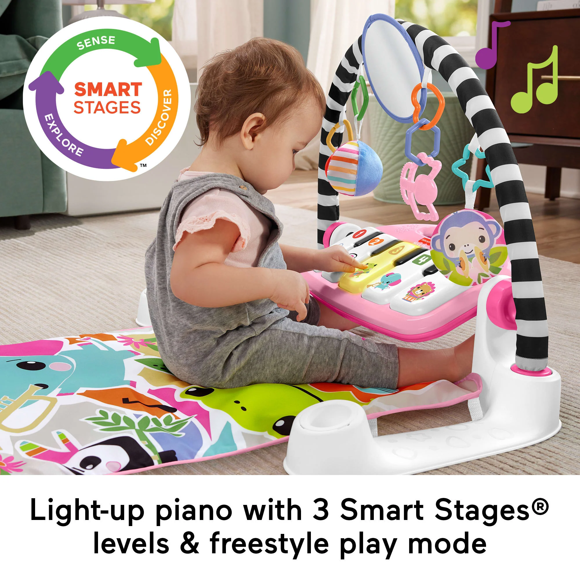 Fisher-Price Glow And Grow Kick & Play Piano Gym Baby Playmat With Musical Learning Toy, Pink