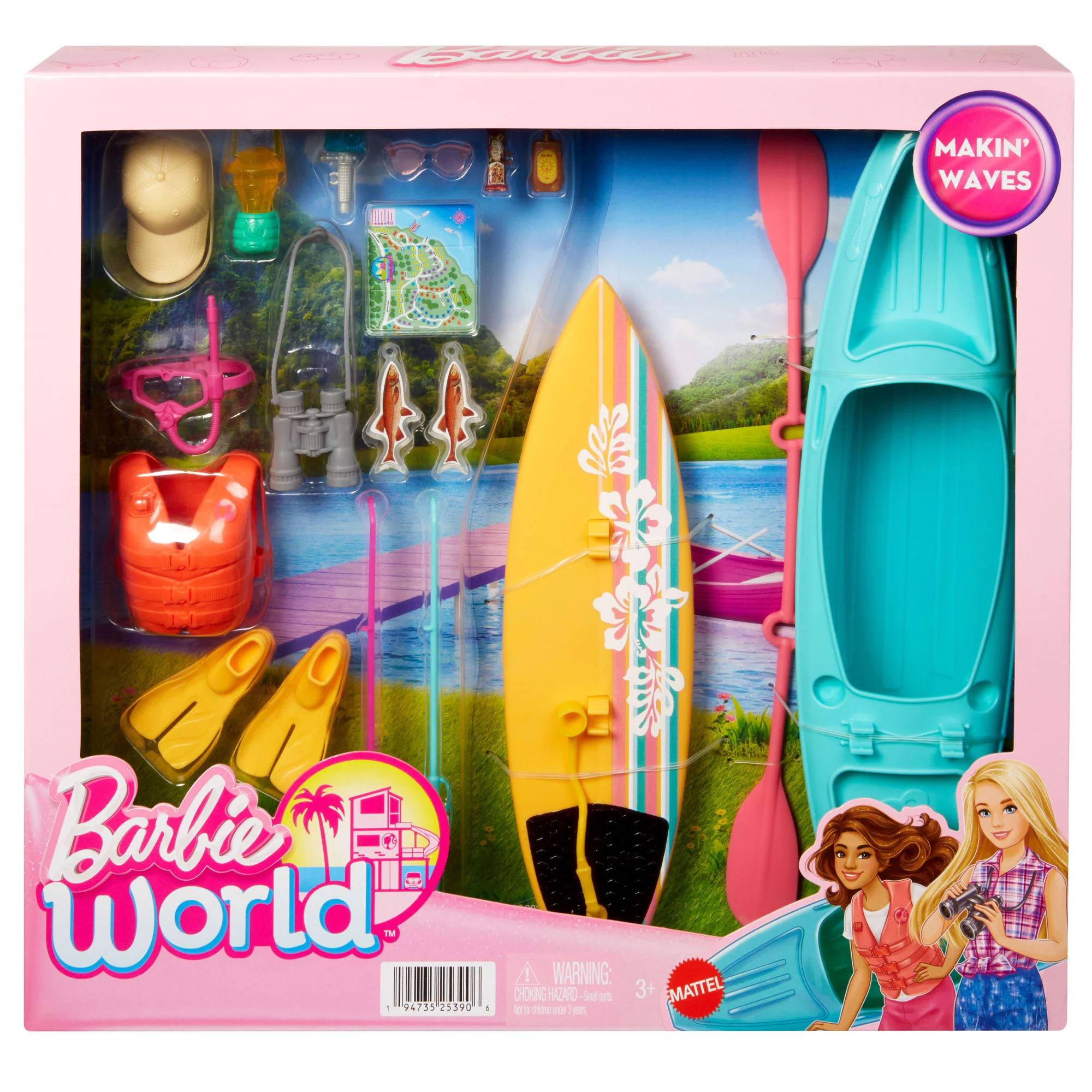 Barbie World Kayak & Surf Playset With 17 Camping Accessories Including Kayak Boat, Surfboard & More