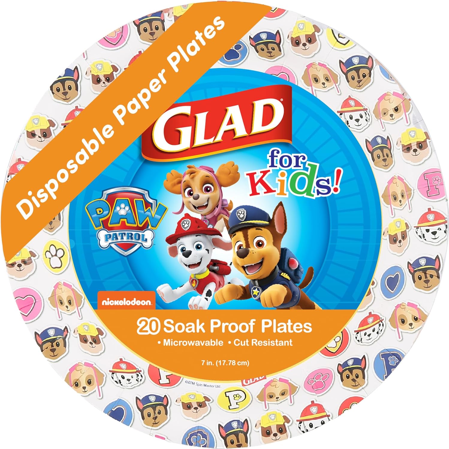 Glad for Kids Paw Patrol Emoji Disposable Paper Plates - Soak Proof, Microwave Safe Snack Plates, Kid Friendly Dinnerware for Everyday Use, 7 Inch, 20 Count