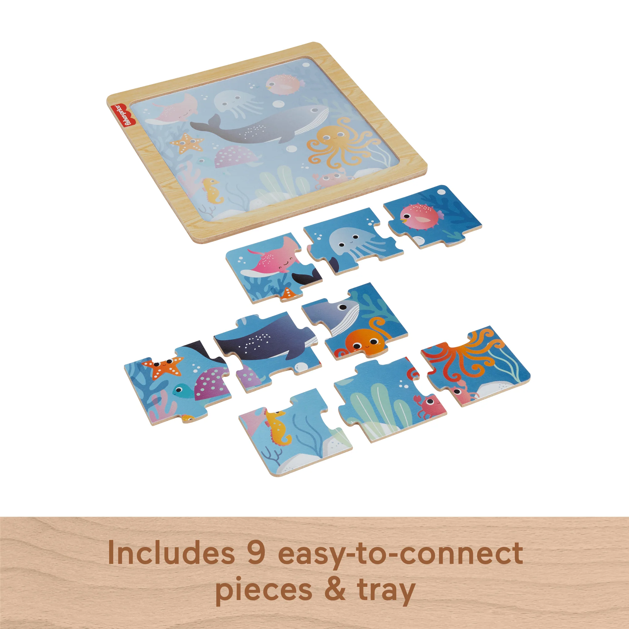 Fisher-Price Wooden Jigsaw Puzzle Ocean Sea Theme For Toddlers & Preschool Kids, 9 Wood Pieces