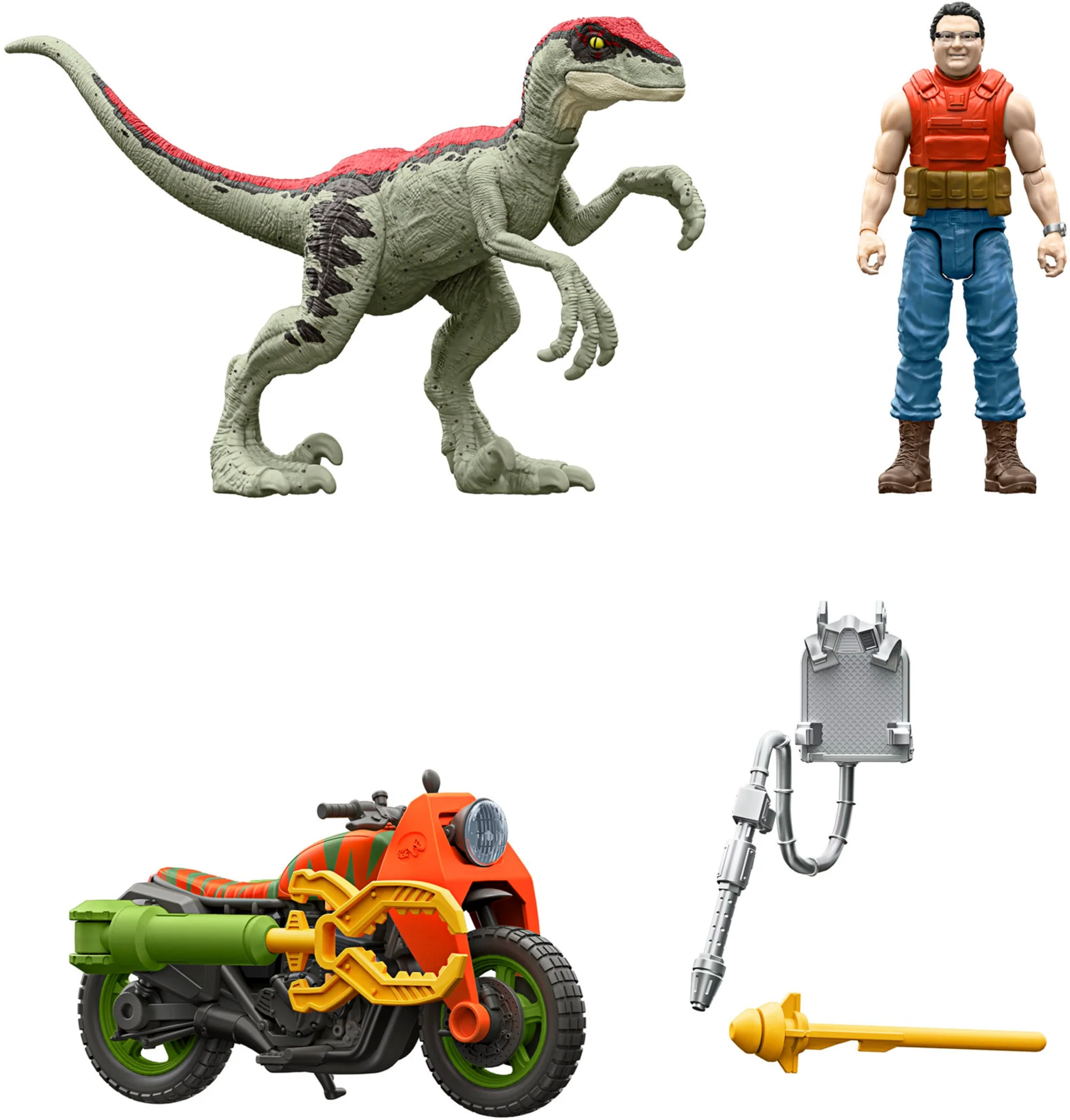 Jurassic Park ��93 Classic Dennis Nedry Action Figure, Motorcycle & Dinosaur Toy Set, 3.75-in Scale