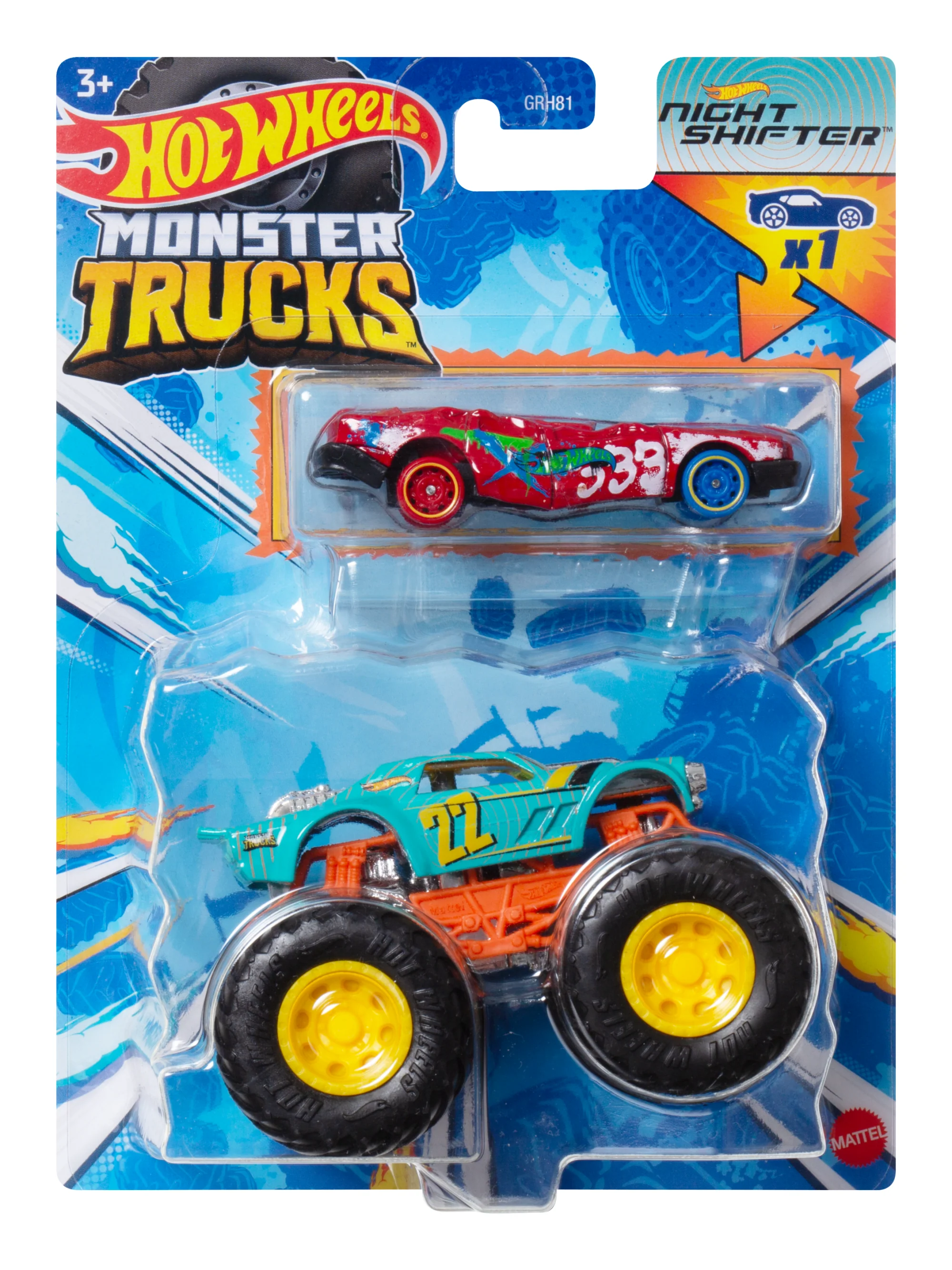 Hot Wheels Monster Trucks Veh��culo de Juguete Cami��n Night Shifter + Sudden Stop (Aplastado)