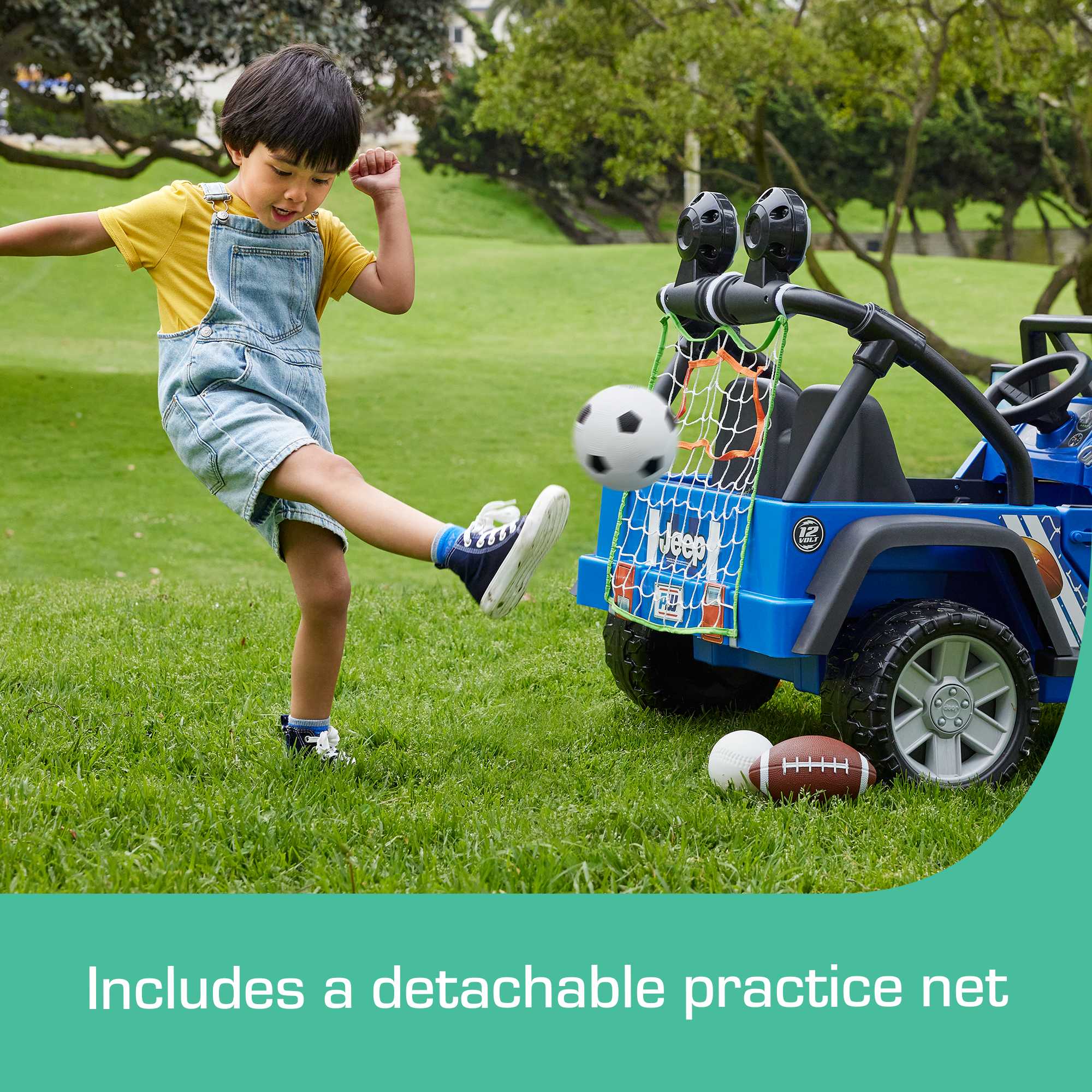 Power Wheels Gameday Jeep Wrangler Ride-On Toy With Sounds, Sports Net & 3 Balls, Preschool Toy