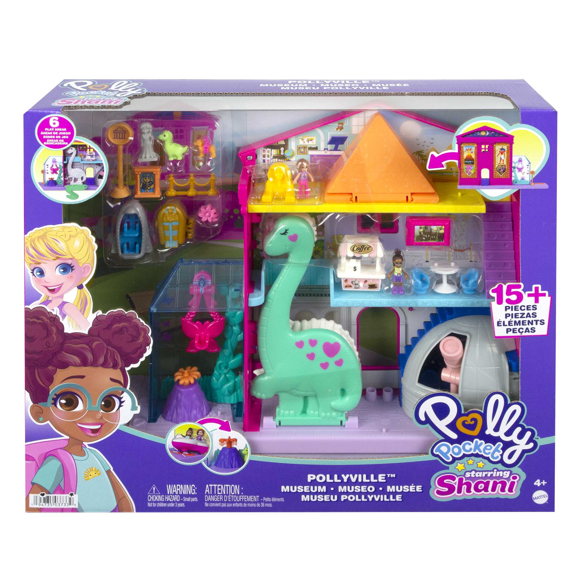 Polly Pocket Starring Shani Pollyville Museum Playset, 2 Micro Dolls, 3 Floors, 15 Accessories, 4 & Up
