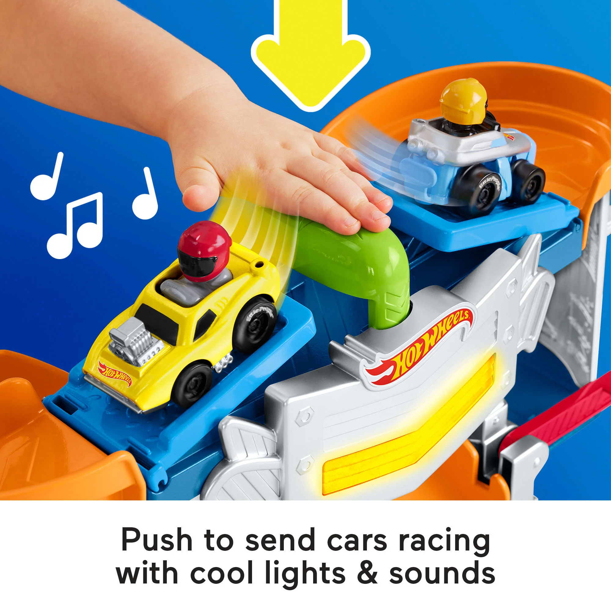 Fisher-Price Little People Hot Wheels Race Track For Toddlers, Race And Go Track Set, 2 Cars
