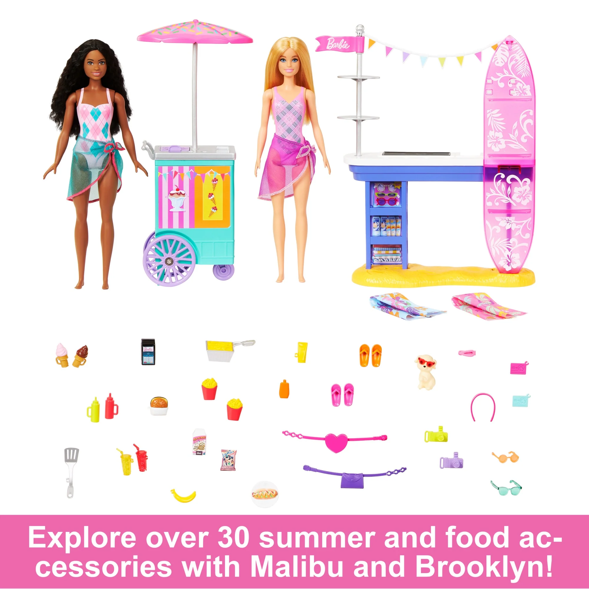 Barbie Beach Boardwalk Playset With Barbie ��Brooklyn�� & ��Malibu�� Dolls, 2 Stands & 30+ Accessories