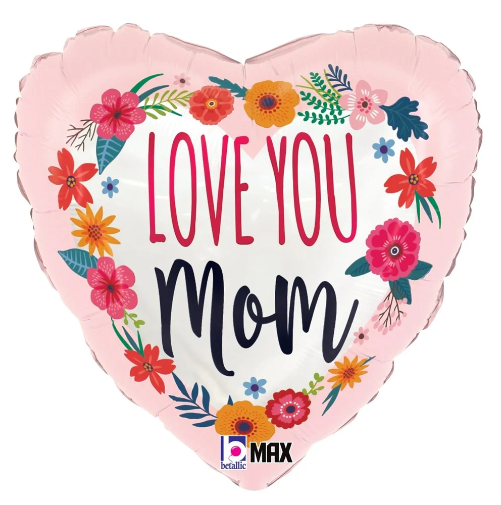 Betallic Satin Love You Mom Blossoms 9 inch Foil Heart Balloon 1ct
