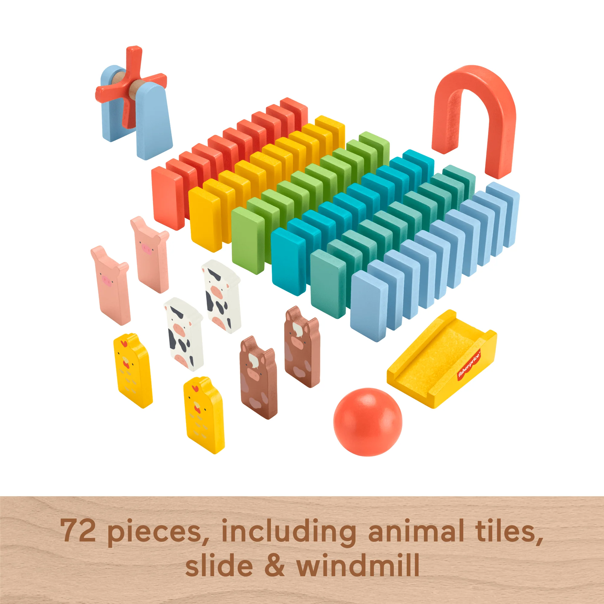 Fisher-Price Wood Preschool Game Domino Run Playset, 72-Piece Wooden Building Set For Kids Ages 3+ Years