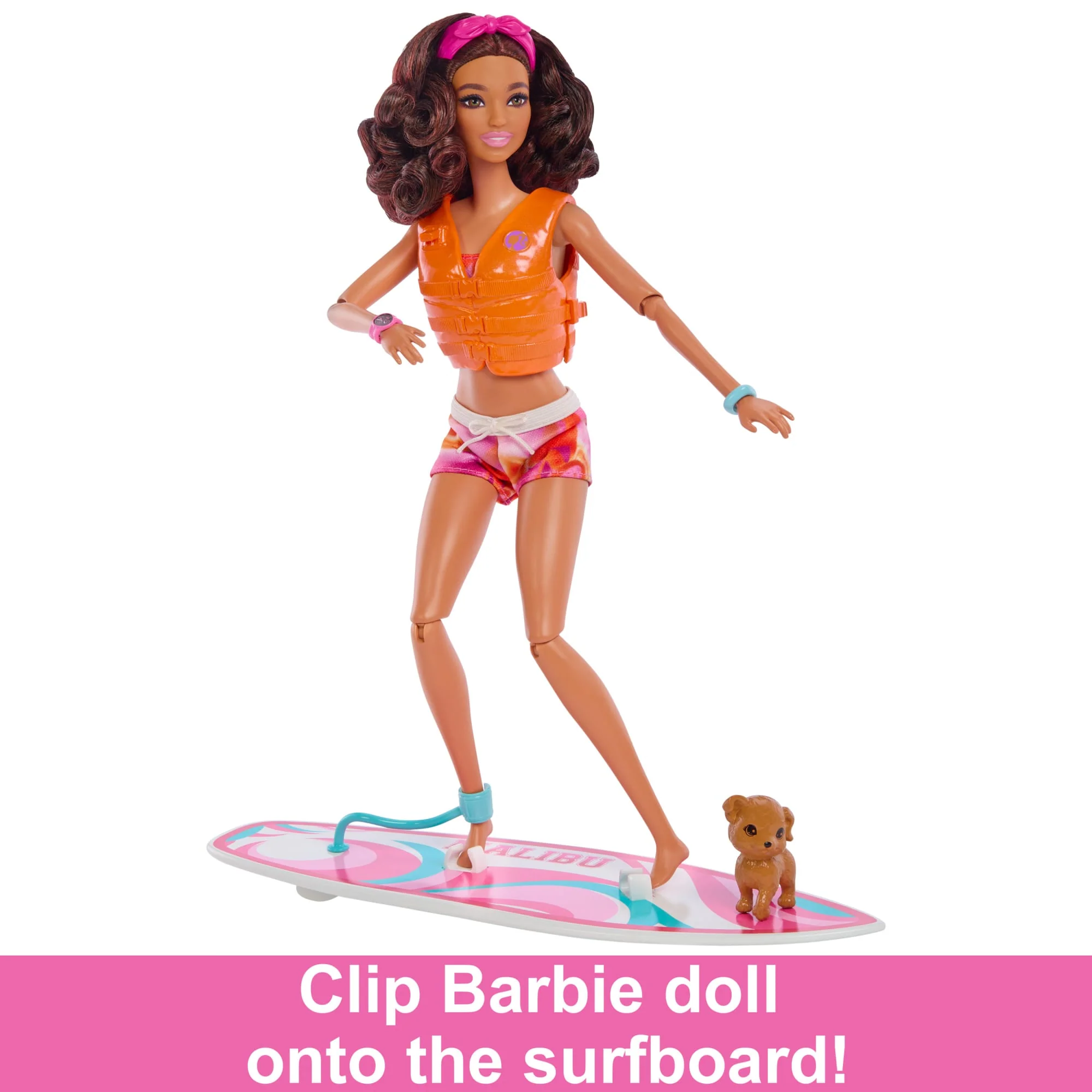 Barbie Doll With Surfboard And Puppy, Poseable Brunette Barbie Beach Doll